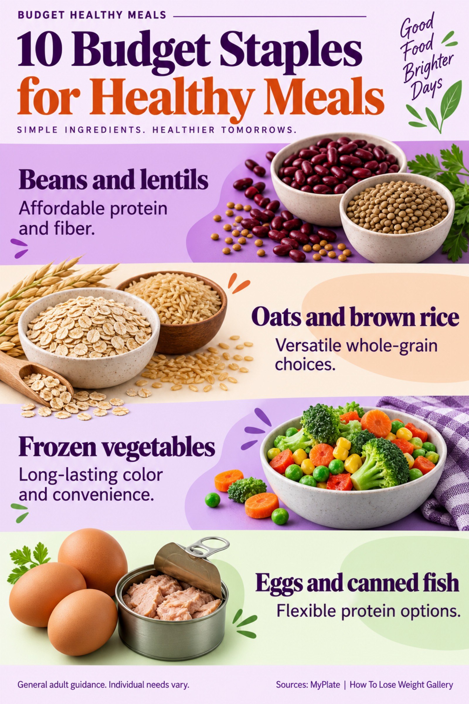 Colorful infographic titled 10 Budget Staples for Healthy Meals with four illustrated tips for Budget Healthy Meals.