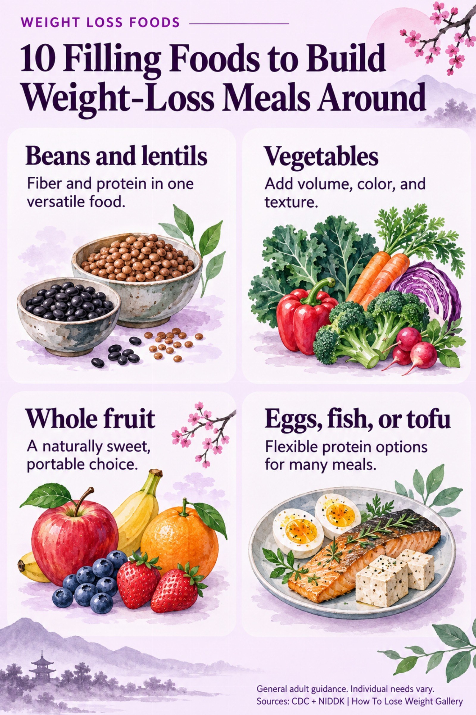 Colorful infographic titled 10 Filling Foods to Build Weight-Loss Meals Around with four illustrated tips for Weight Loss Foods.