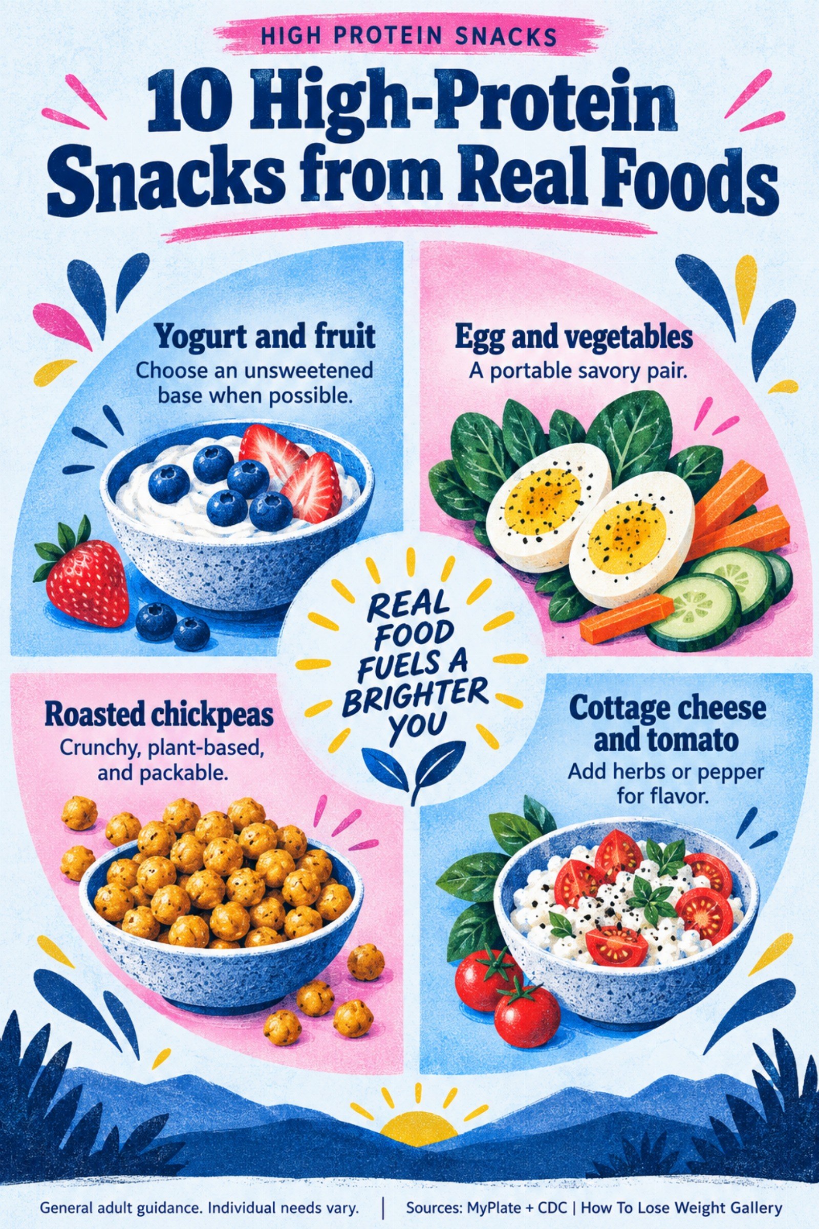 Colorful infographic titled 10 High-Protein Snacks from Real Foods with four illustrated tips for High Protein Snacks.
