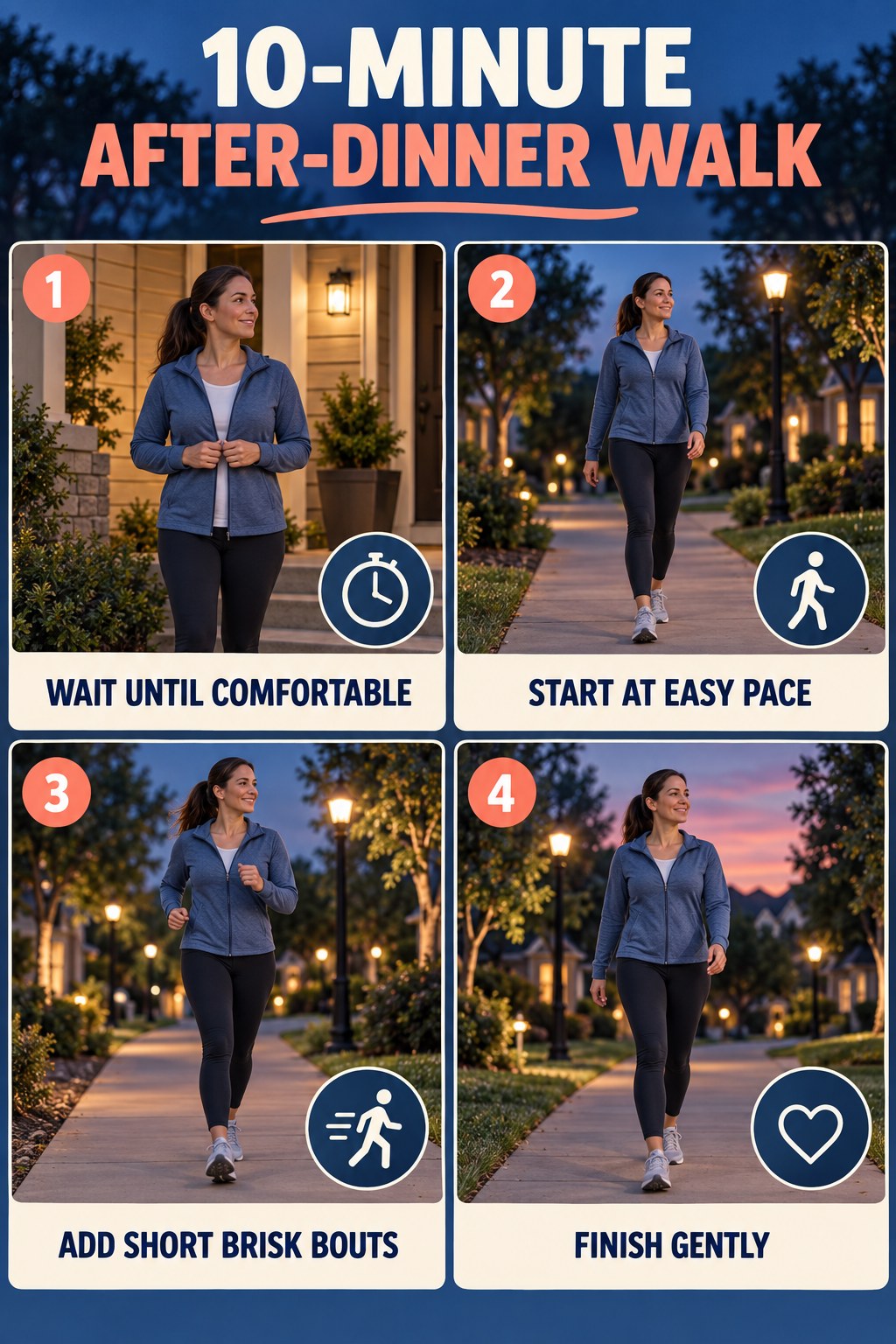 After-dinner walk infographic showing comfortable timing, easy walking, short brisk bouts, and a gentle finish.