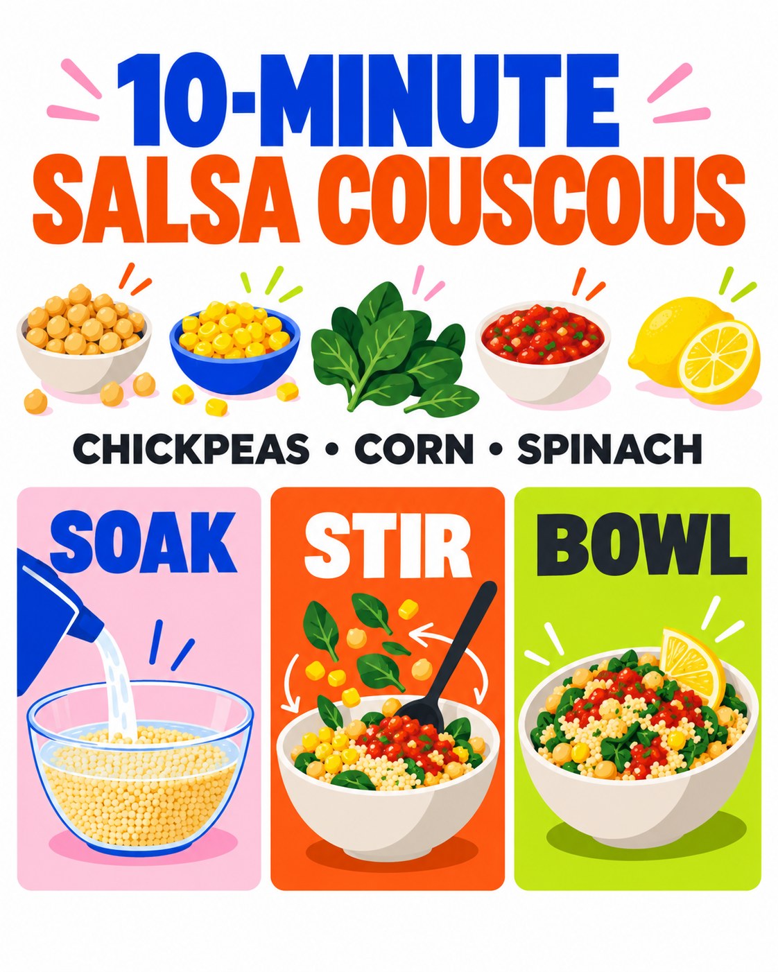Blue, orange, chartreuse, pink, white, and charcoal modernist infographic for salsa chickpea couscous.
