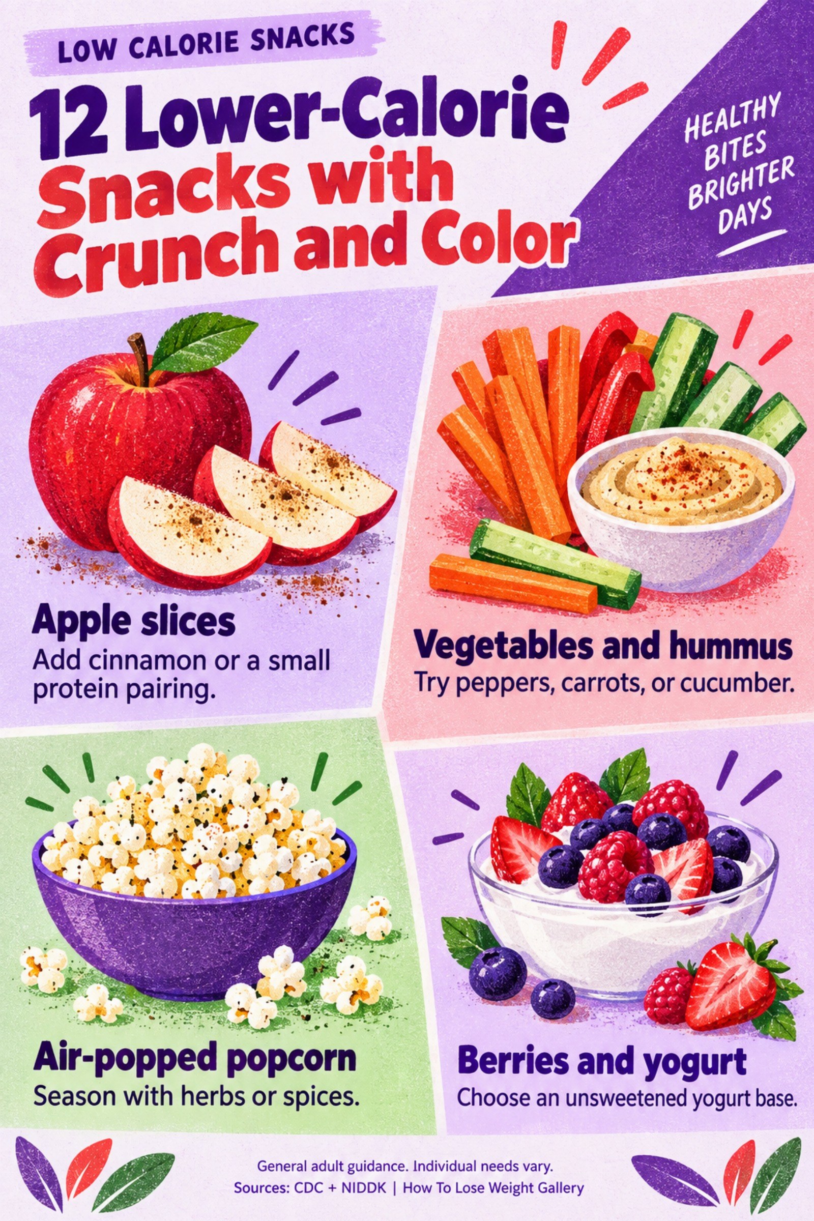 Colorful infographic titled 12 Lower-Calorie Snacks with Crunch and Color with four illustrated tips for Low Calorie Snacks.
