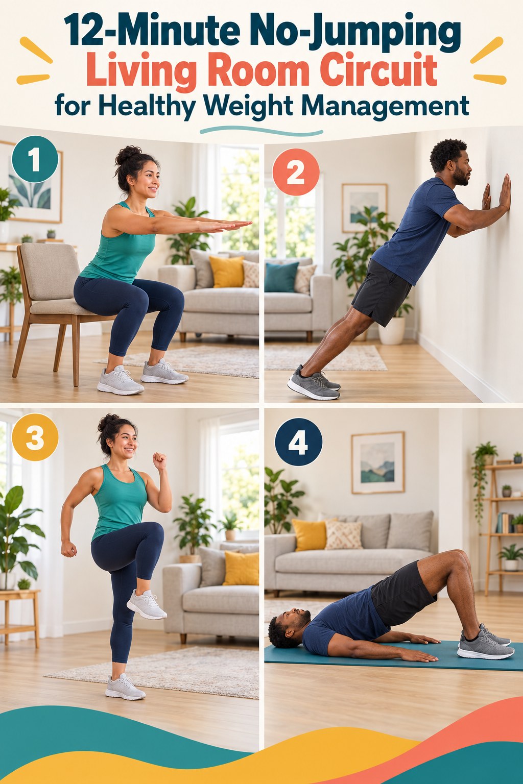 Four-panel home workout showing a chair squat, wall push-up, standing march, and glute bridge.