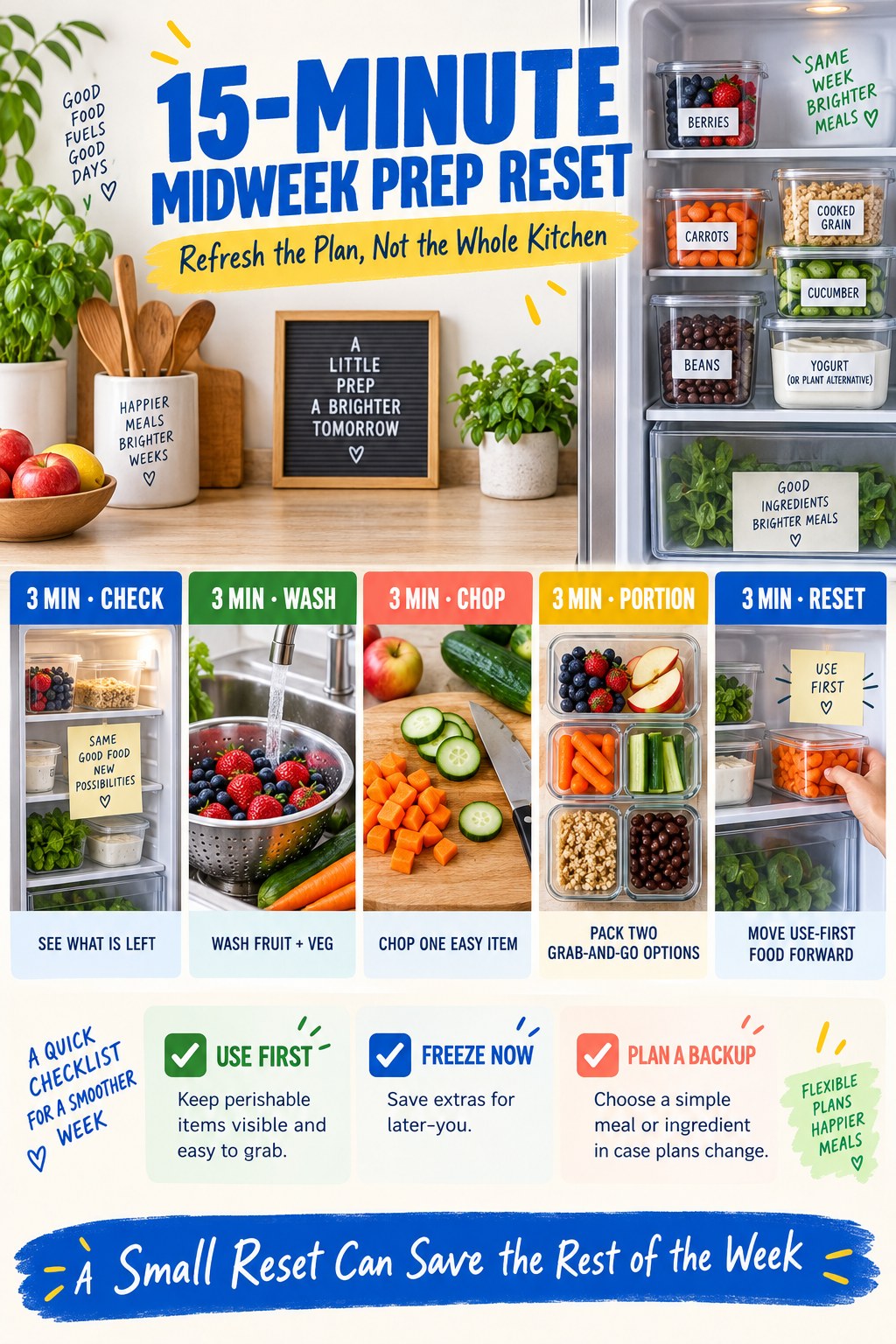 Portrait infographic showing five three-minute midweek prep steps with produce, beans, grain, yogurt, and containers.