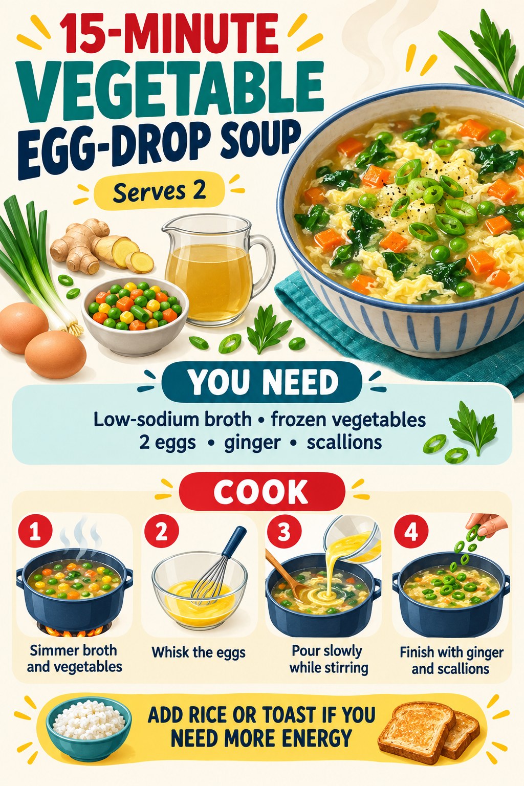 Vegetable egg-drop soup recipe infographic with four quick steps