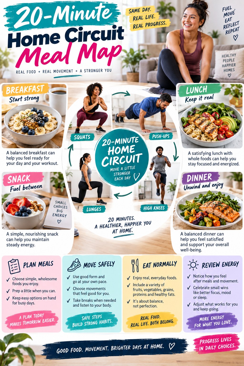 Portrait infographic showing a 20-minute home circuit with squats, push-ups, lunges, high knees, and balanced meals across the day.