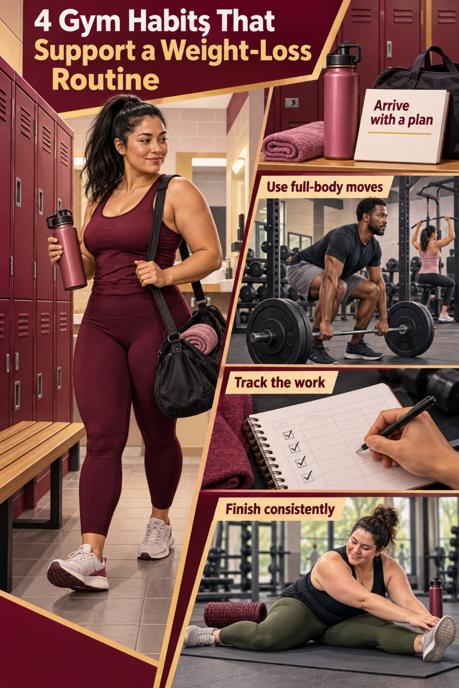 Locker-to-workout checklist with water, plan card, machines, and training log. The image supports 4 Gym Habits That Support a Weight-Loss Routine.