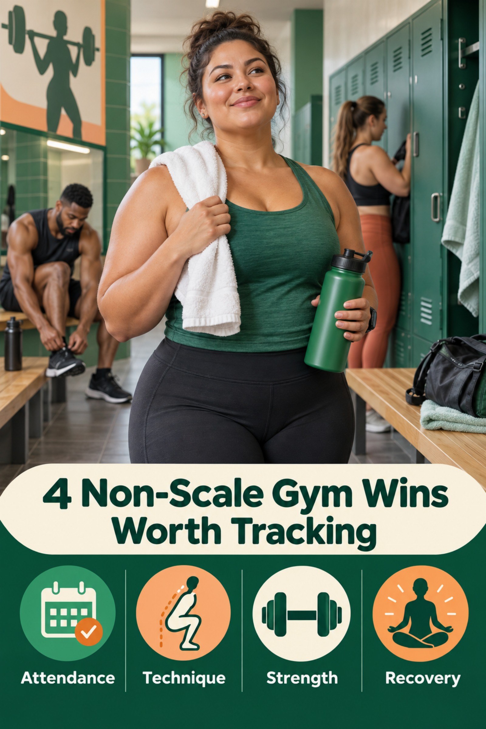 Bright progress dashboard with strength, stamina, attendance, and confidence icons. The image supports 4 Non-Scale Gym Wins Worth Tracking.