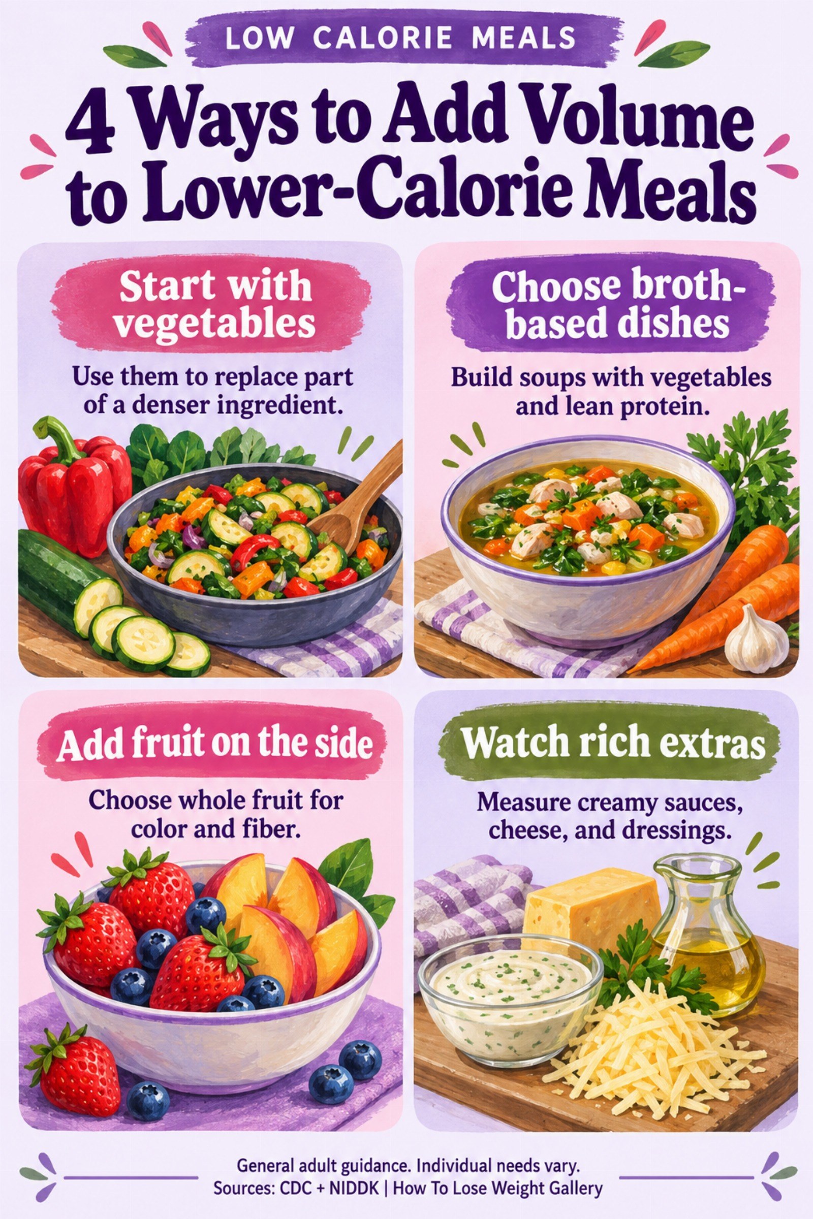 Colorful infographic titled 4 Ways to Add Volume to Lower-Calorie Meals with four illustrated tips for Low Calorie Meals.