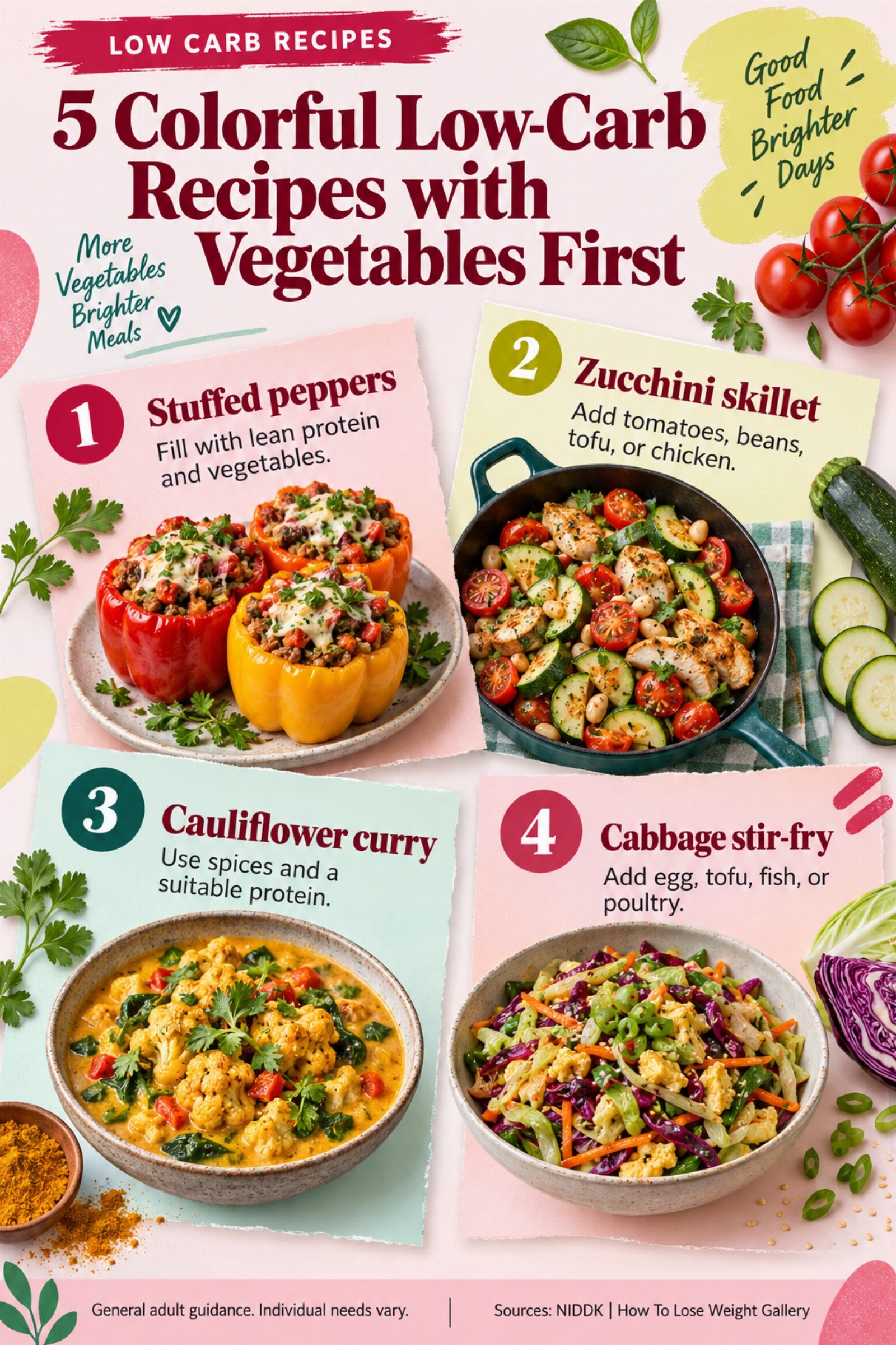 Colorful infographic titled 5 Colorful Low-Carb Recipes with Vegetables First with four illustrated tips for Low Carb Recipes.