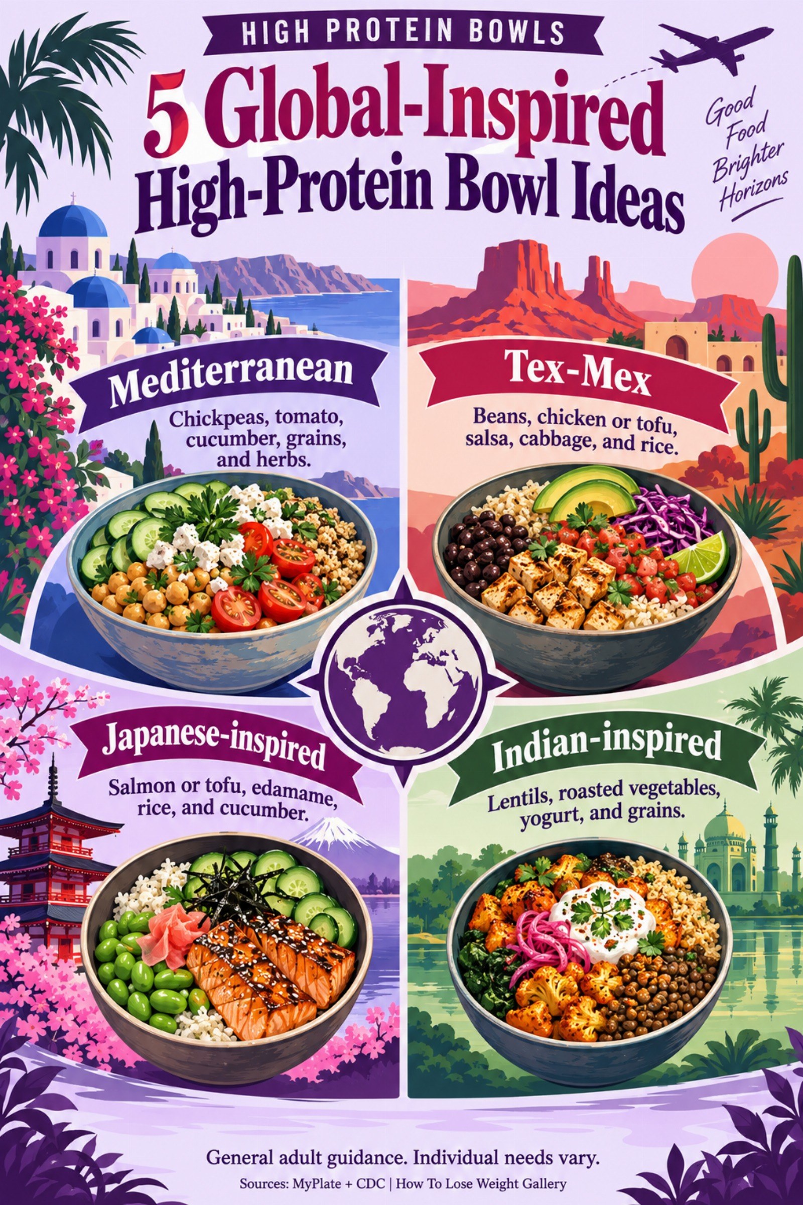 Colorful infographic titled 5 Global-Inspired High-Protein Bowl Ideas with four illustrated tips for High Protein Bowls.