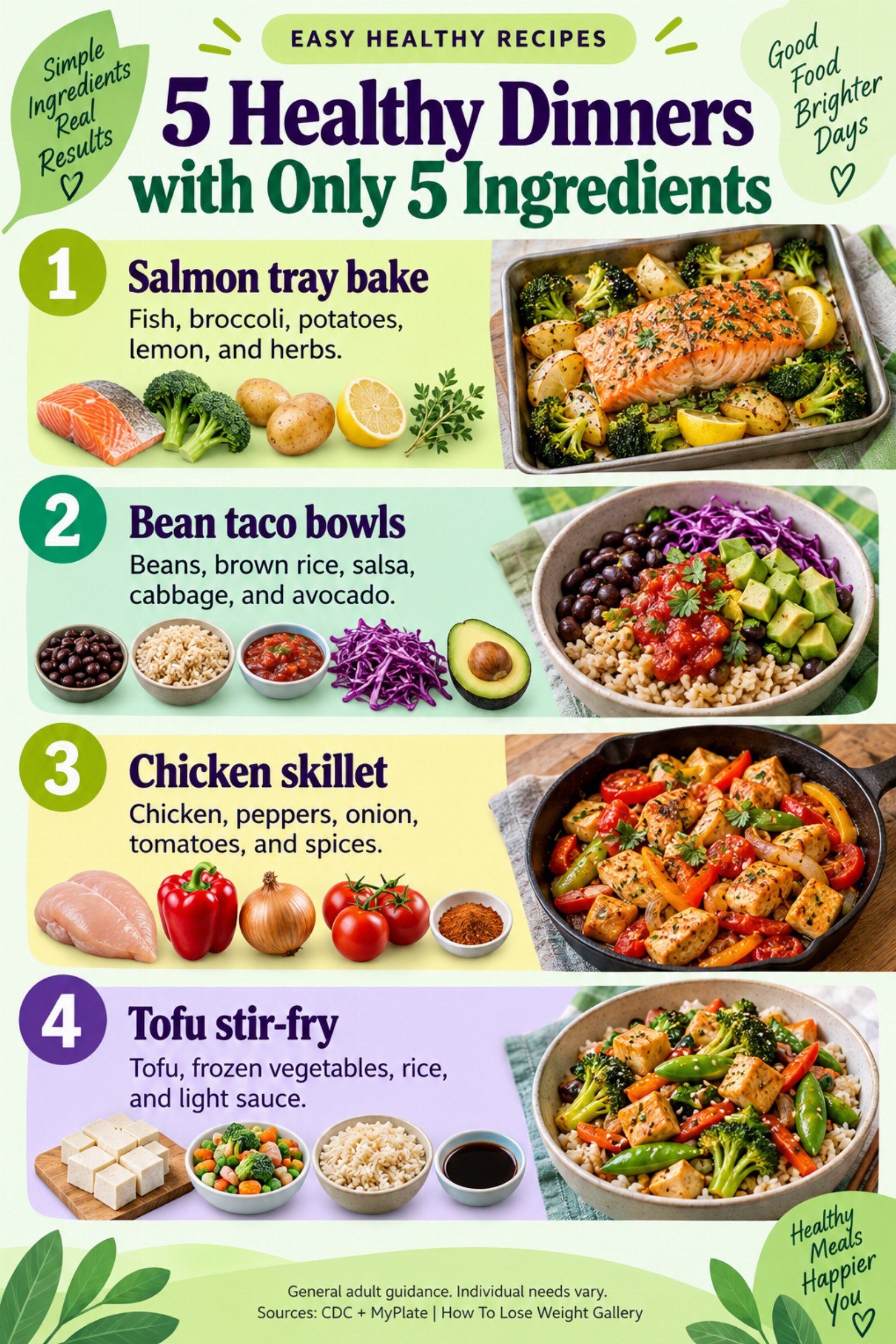 Colorful infographic titled 5 Healthy Dinners with Only 5 Ingredients with four illustrated tips for Easy Healthy Recipes.