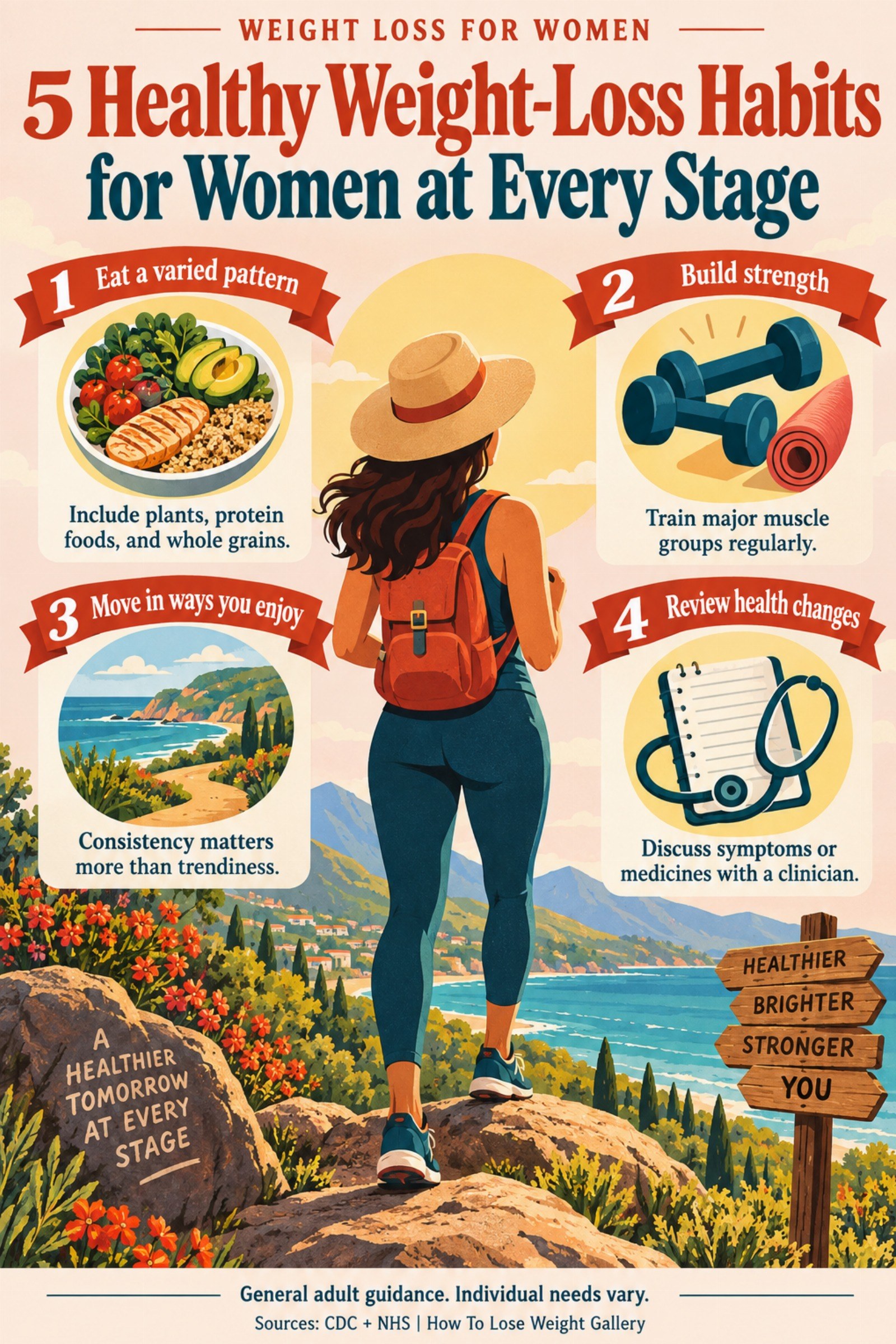 Colorful infographic titled 5 Healthy Weight-Loss Habits for Women at Every Stage with four illustrated tips for Weight Loss for Women.