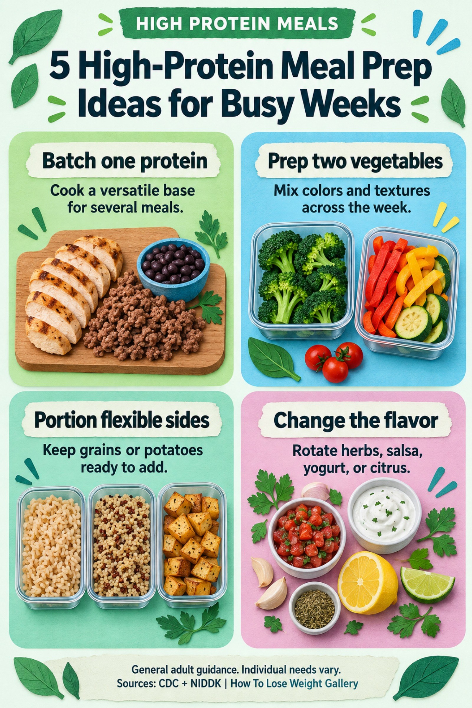 Colorful infographic titled 5 High-Protein Meal Prep Ideas for Busy Weeks with four illustrated tips for High Protein Meals.
