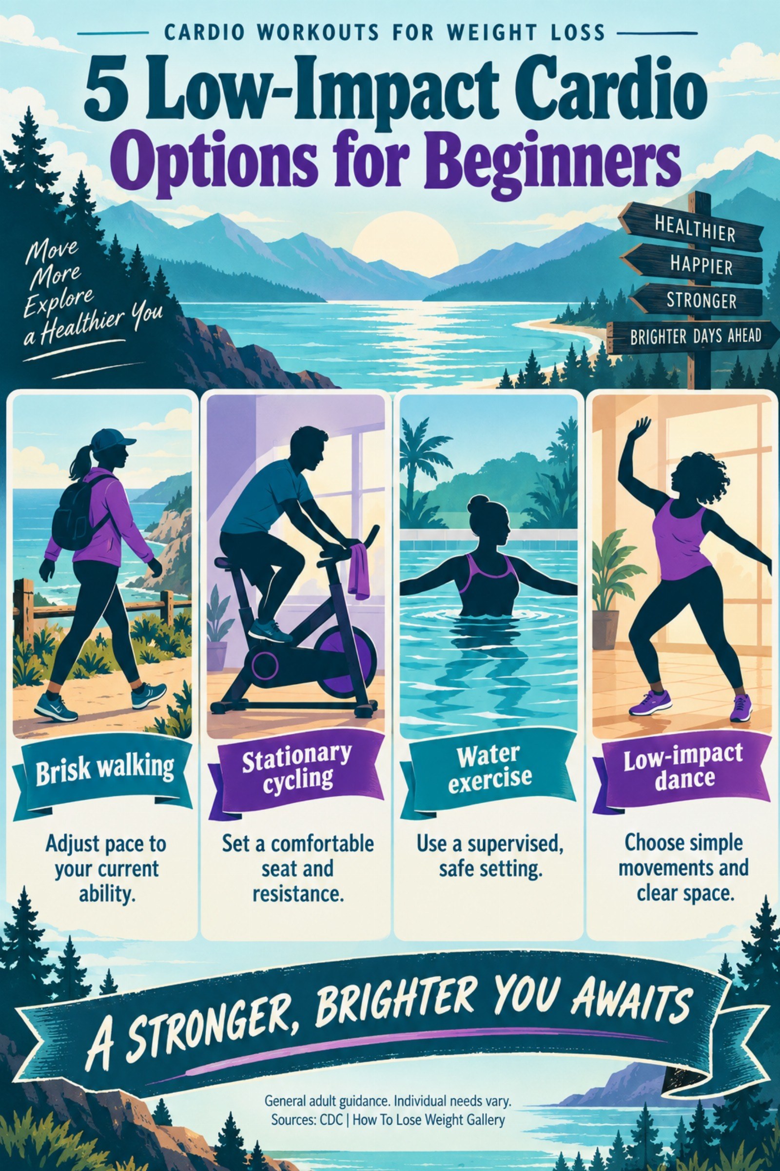 Colorful infographic titled 5 Low-Impact Cardio Options for Beginners with four illustrated tips for Cardio Workouts for Weight Loss.