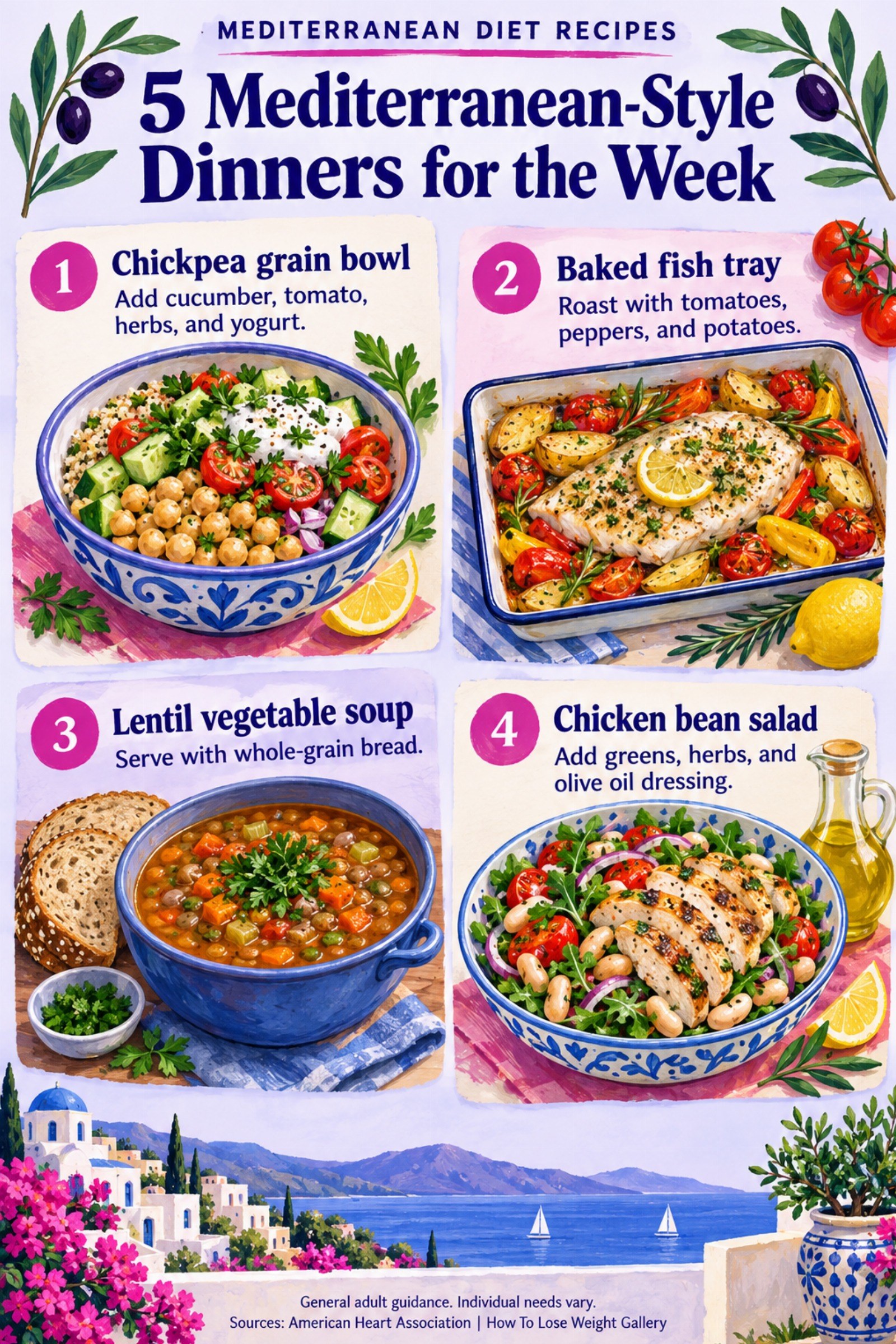 Colorful infographic titled 5 Mediterranean-Style Dinners for the Week with four illustrated tips for Mediterranean Diet Recipes.