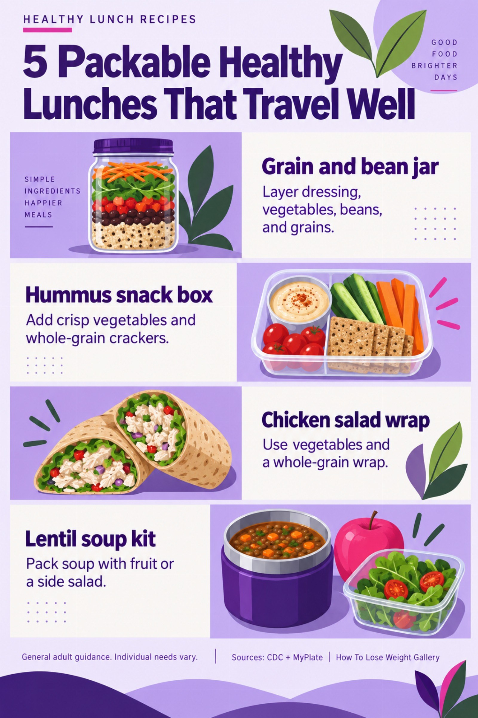Colorful infographic titled 5 Packable Healthy Lunches That Travel Well with four illustrated tips for Healthy Lunch Recipes.