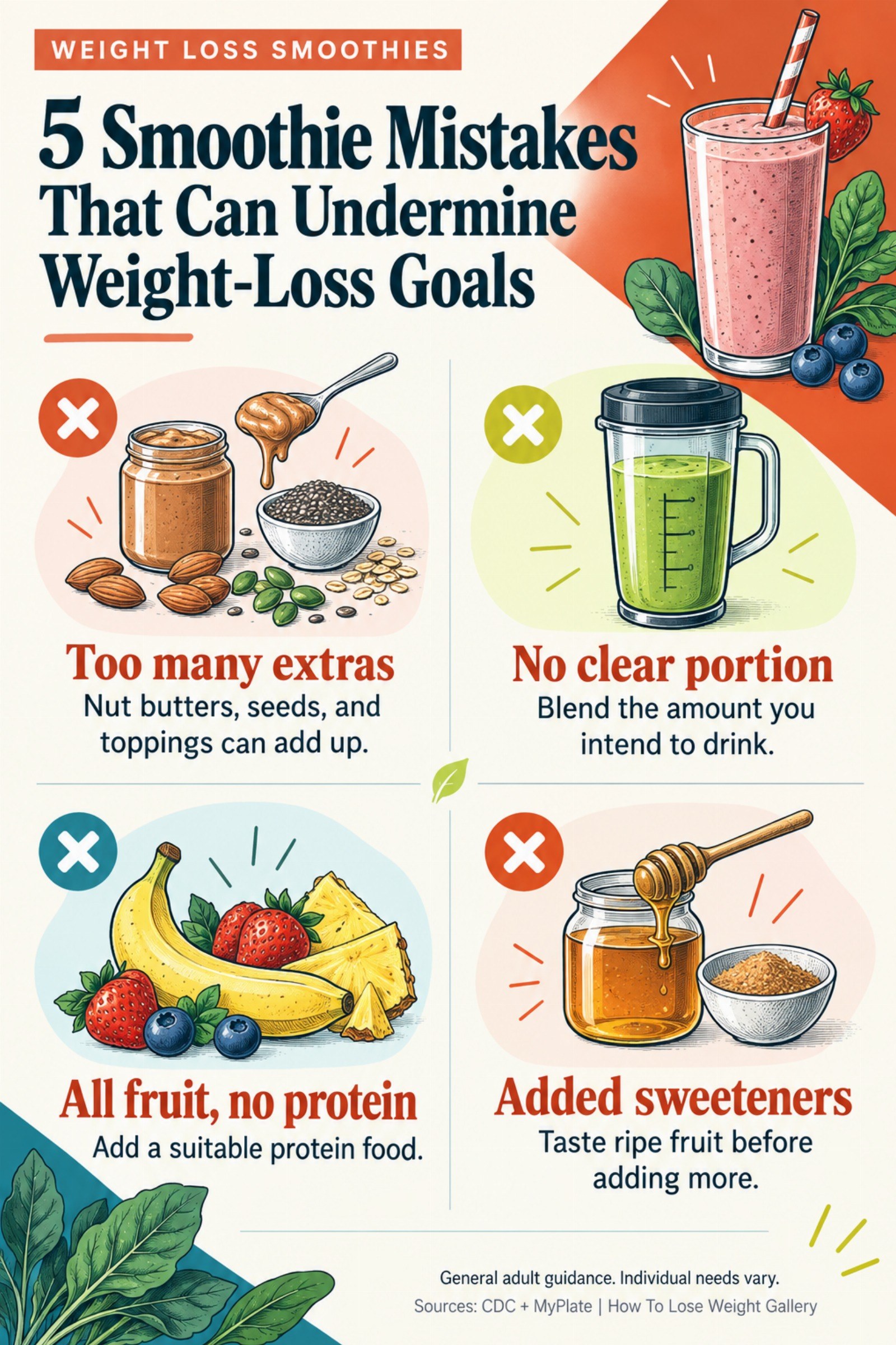 Colorful infographic titled 5 Smoothie Mistakes That Can Undermine Weight-Loss Goals with four illustrated tips for Weight Loss Smoothies.