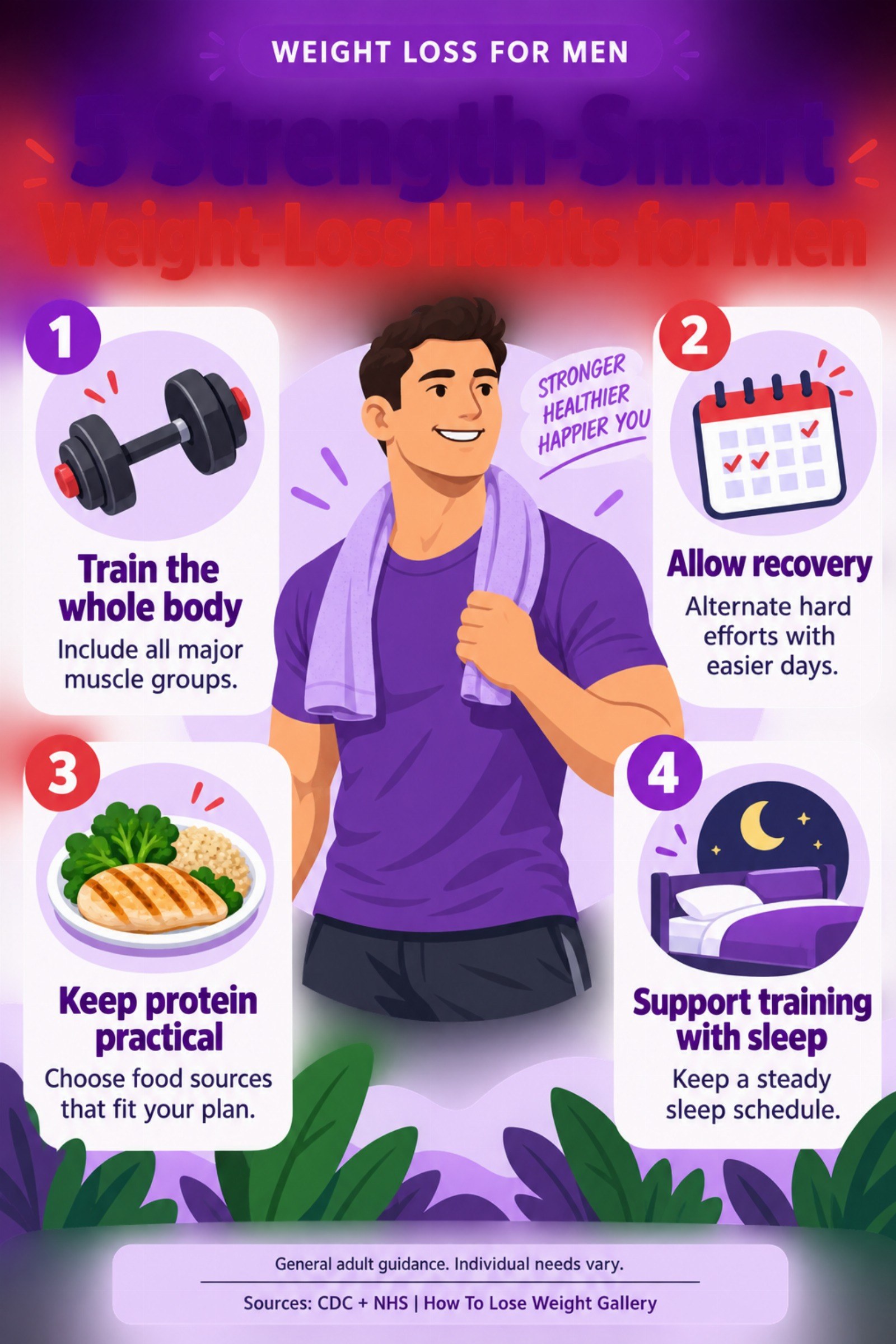Colorful infographic titled 5 Strength-Smart Weight-Loss Habits for Men with four illustrated tips for Weight Loss for Men.