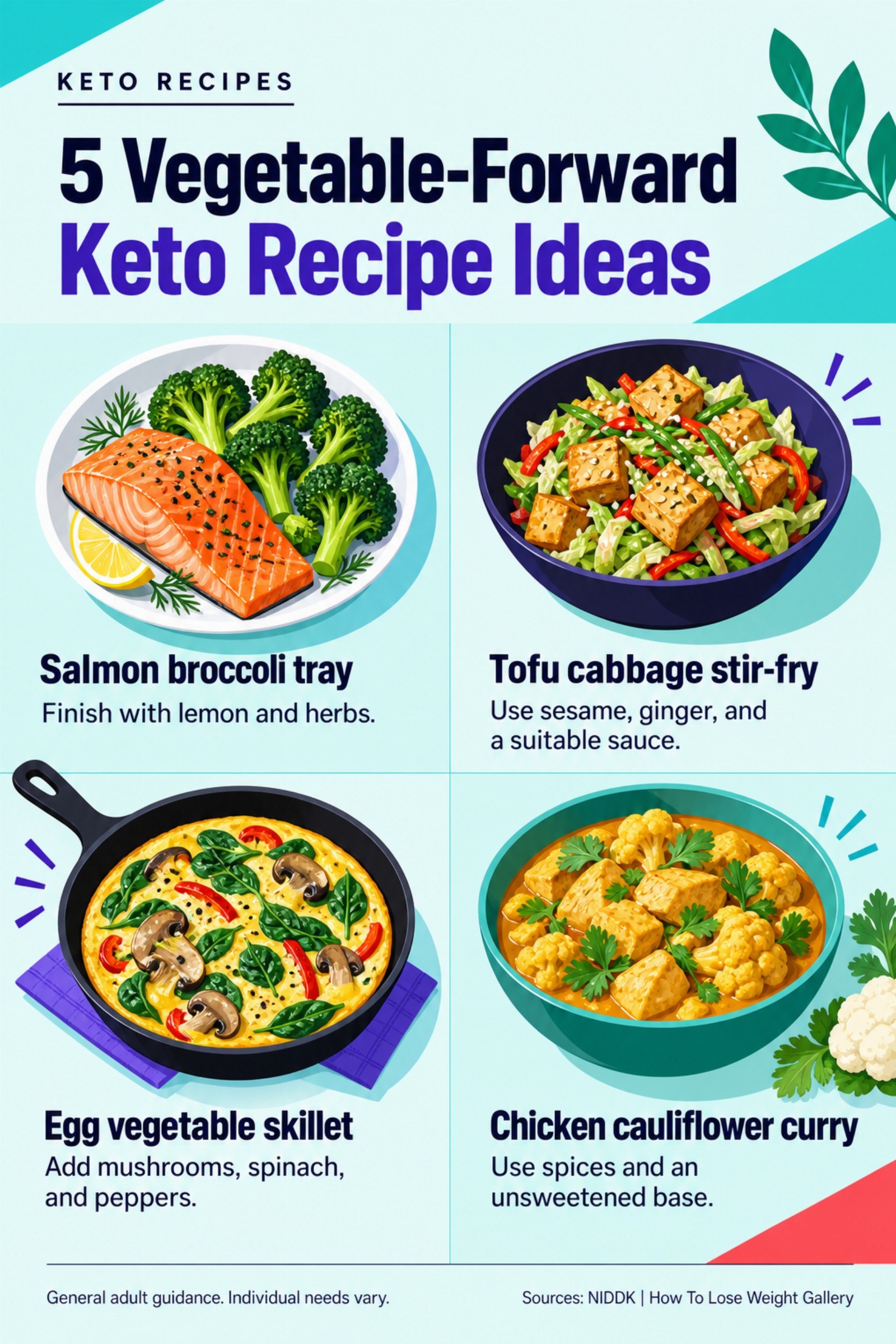 Colorful infographic titled 5 Vegetable-Forward Keto Recipe Ideas with four illustrated tips for Keto Recipes.