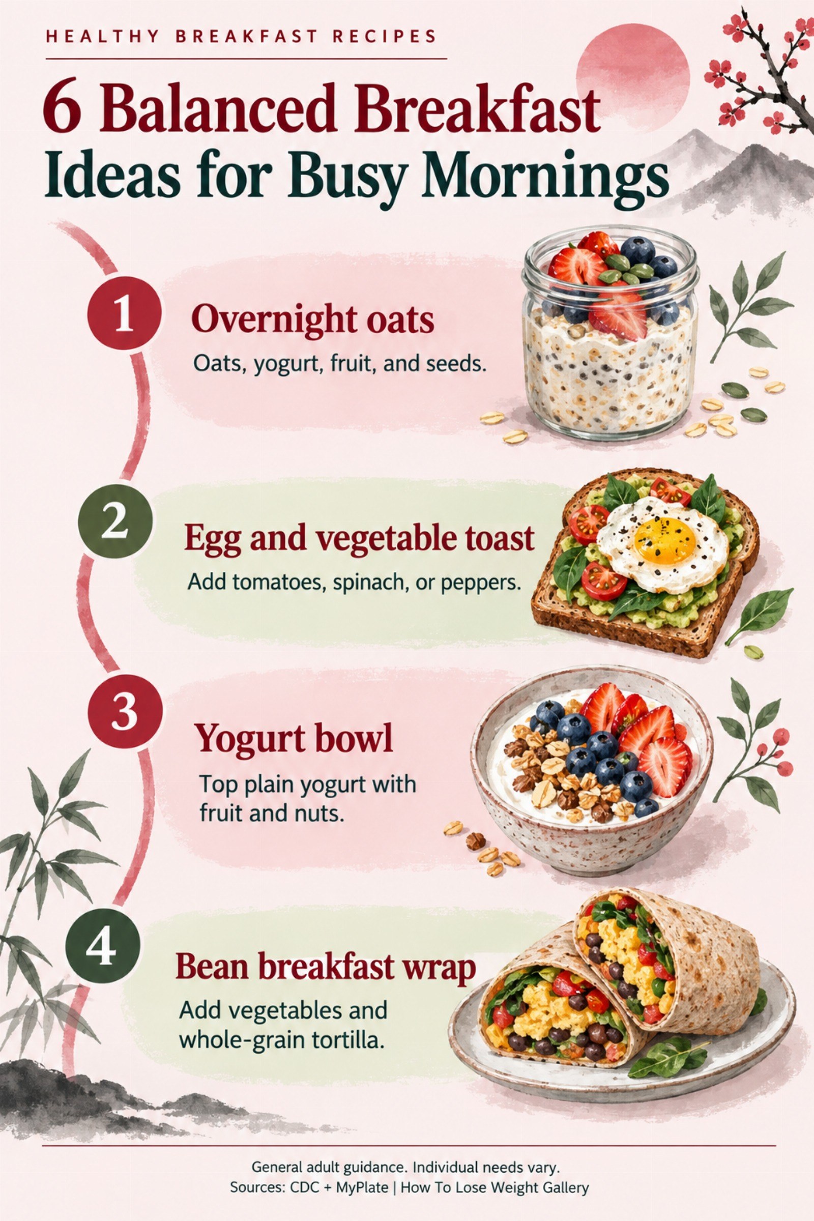 Colorful infographic titled 6 Balanced Breakfast Ideas for Busy Mornings with four illustrated tips for Healthy Breakfast Recipes.