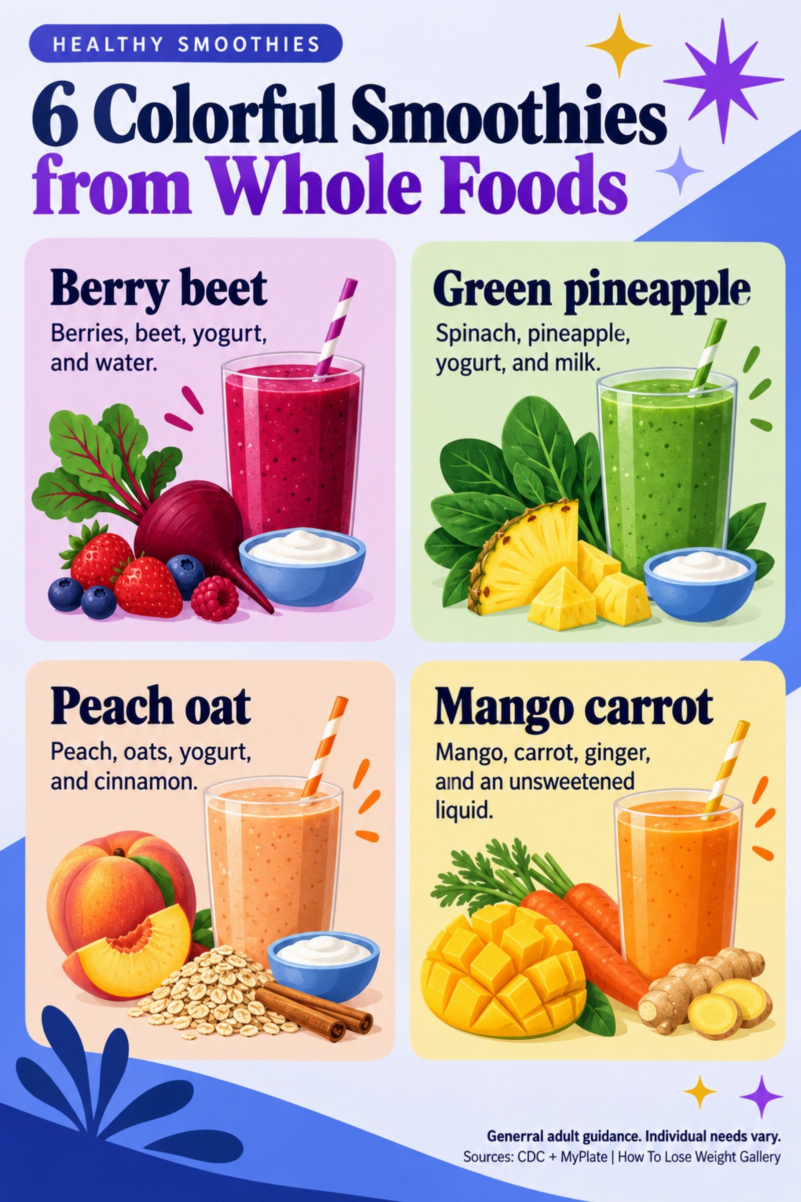 Colorful infographic titled 6 Colorful Smoothies from Whole Foods with four illustrated tips for Healthy Smoothies.