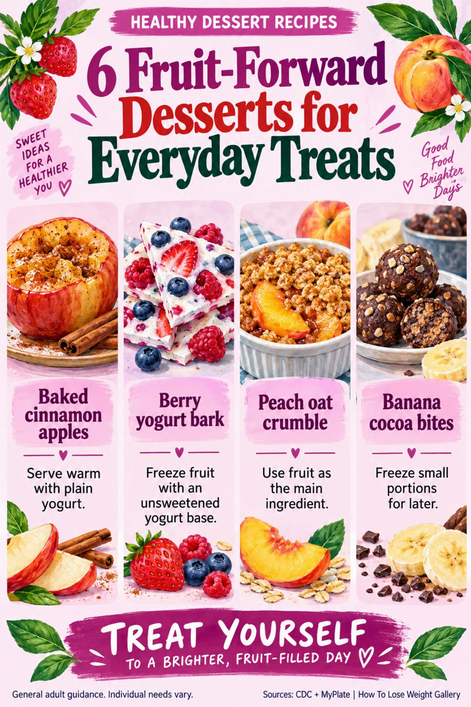 Colorful infographic titled 6 Fruit-Forward Desserts for Everyday Treats with four illustrated tips for Healthy Dessert Recipes.