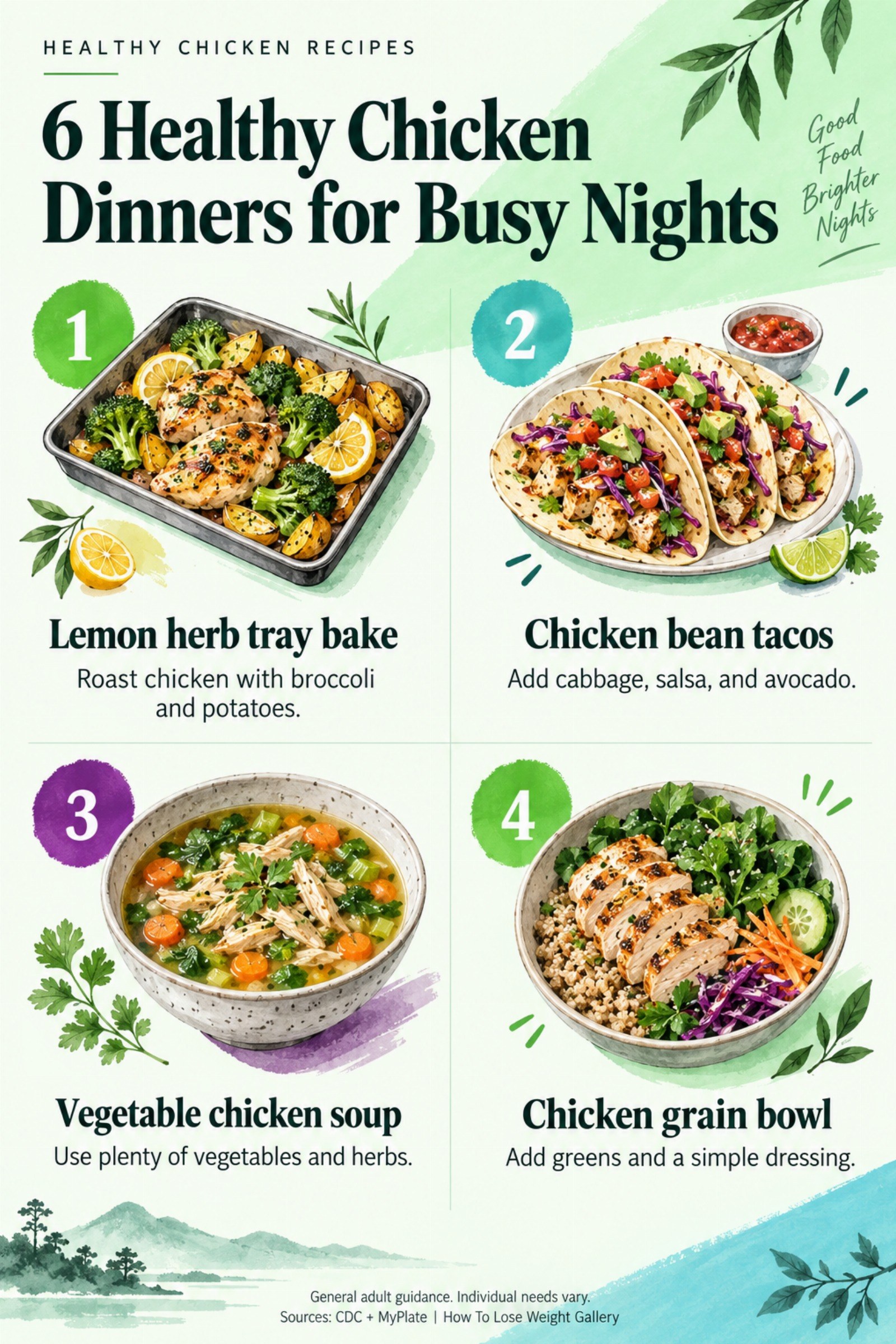 Colorful infographic titled 6 Healthy Chicken Dinners for Busy Nights with four illustrated tips for Healthy Chicken Recipes.