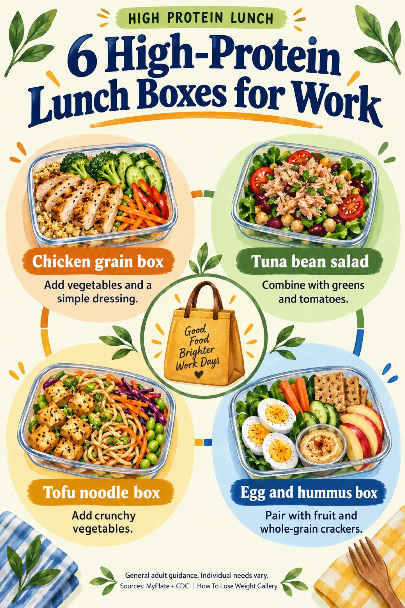Colorful infographic titled 6 High-Protein Lunch Boxes for Work with four illustrated tips for High Protein Lunch.