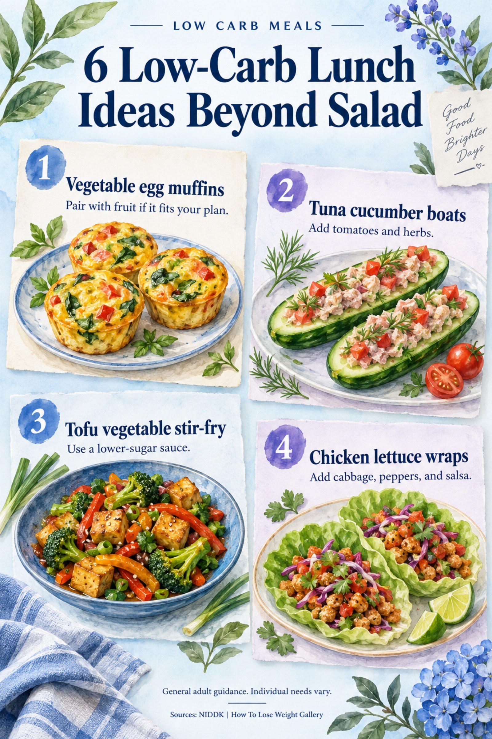 Colorful infographic titled 6 Low-Carb Lunch Ideas Beyond Salad with four illustrated tips for Low Carb Meals.