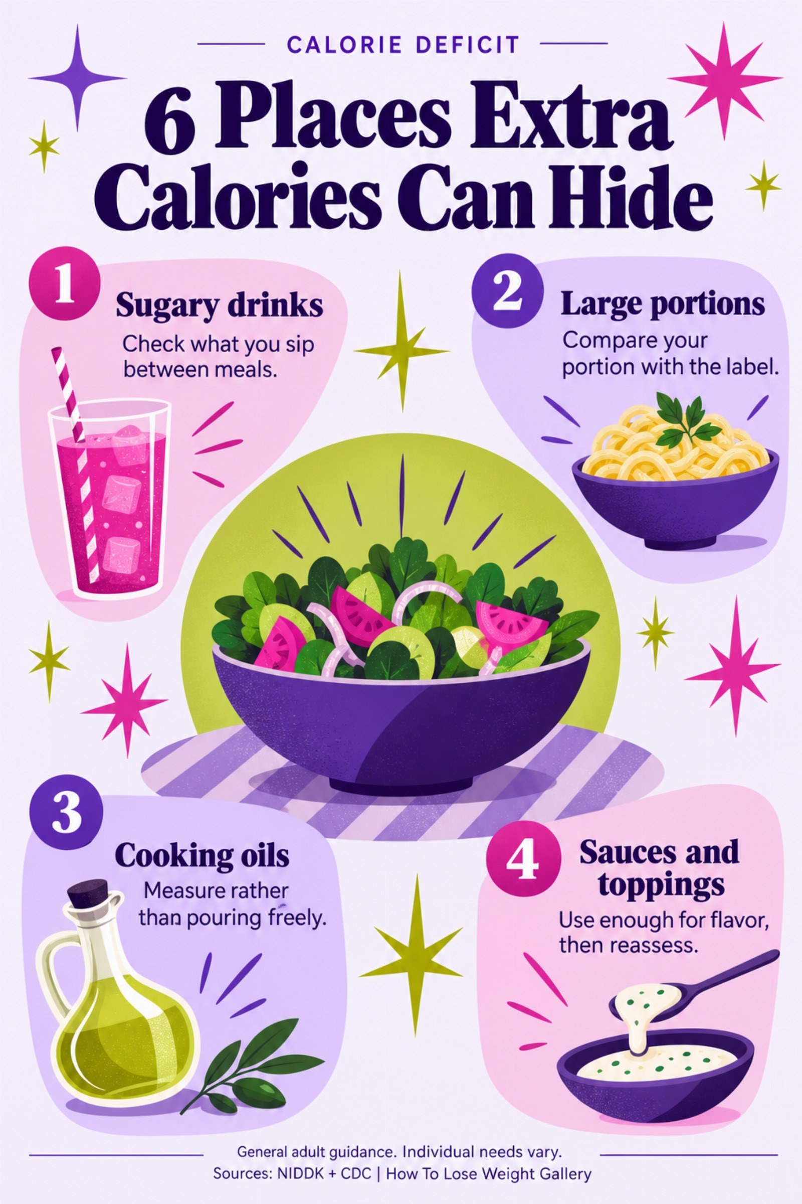 Colorful infographic titled 6 Places Extra Calories Can Hide with four illustrated tips for Calorie Deficit.