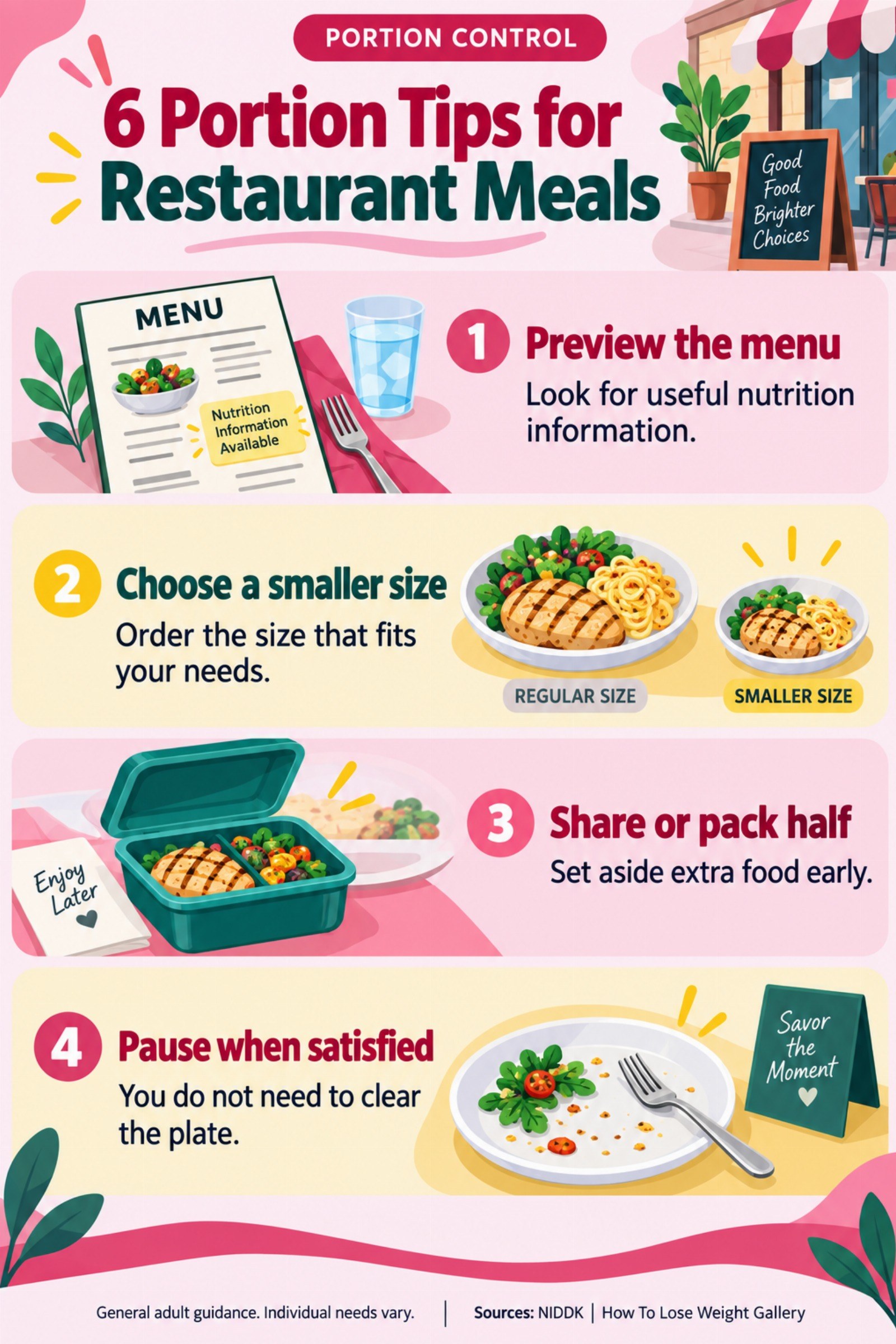 Colorful infographic titled 6 Portion Tips for Restaurant Meals with four illustrated tips for Portion Control.