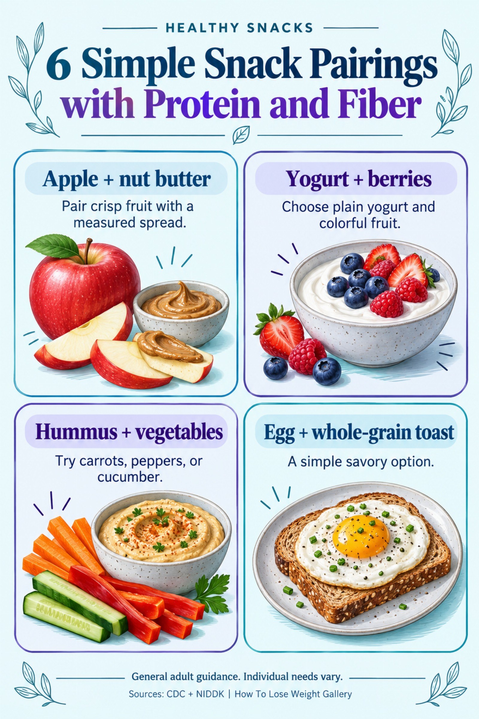 Colorful infographic titled 6 Simple Snack Pairings with Protein and Fiber with four illustrated tips for Healthy Snacks.