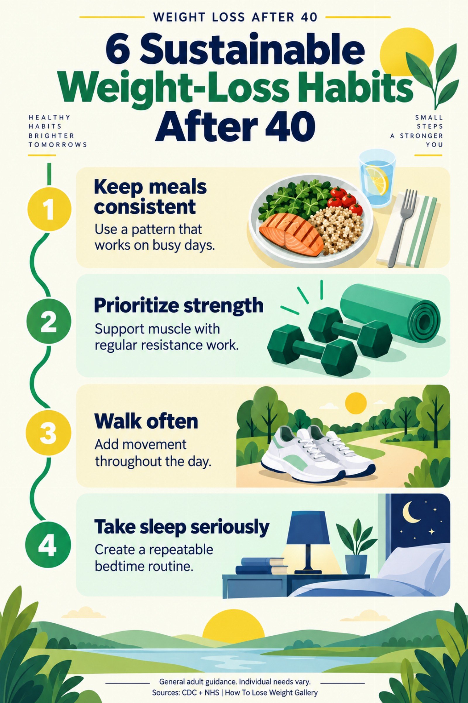 Colorful infographic titled 6 Sustainable Weight-Loss Habits After 40 with four illustrated tips for Weight Loss After 40.