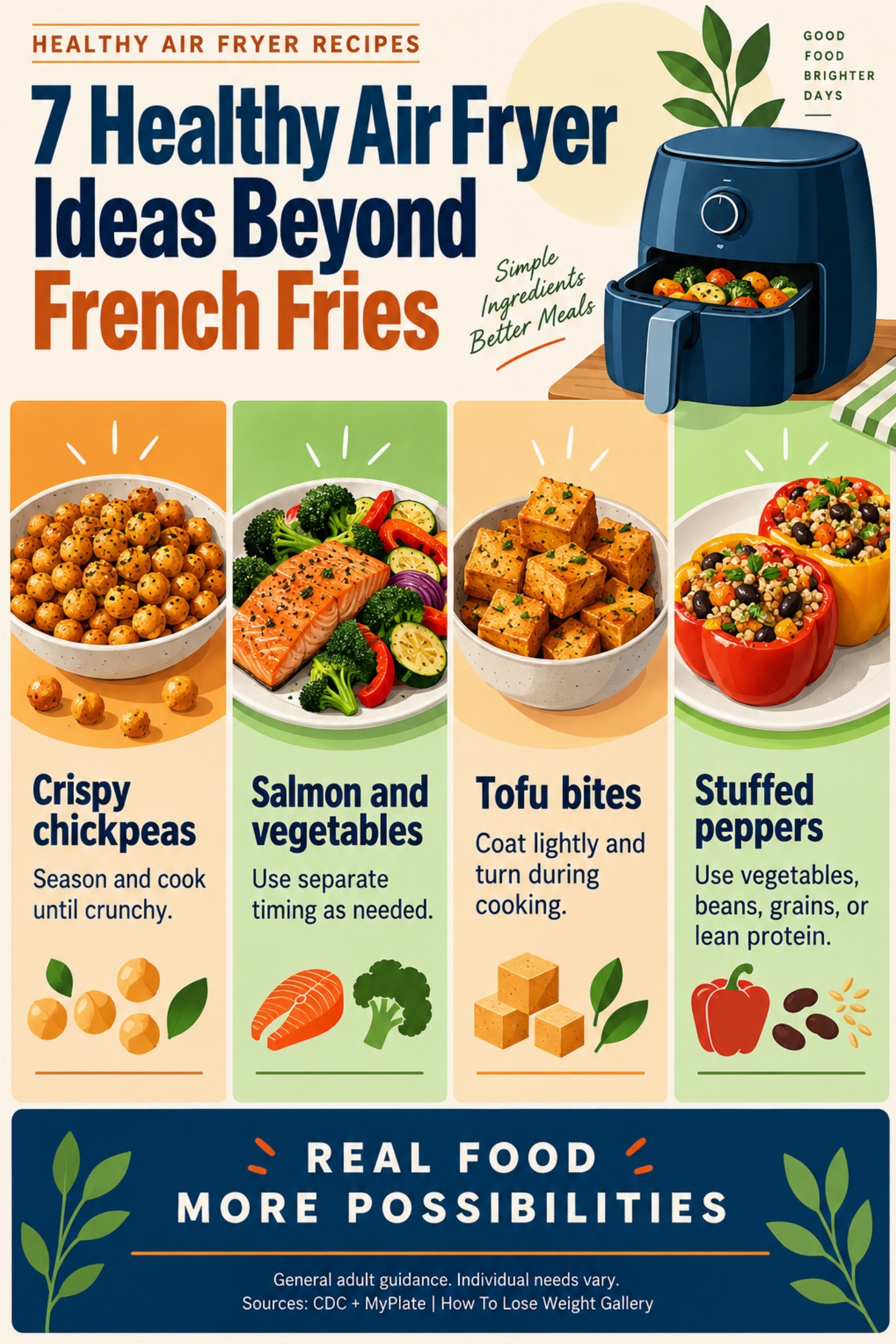 Colorful infographic titled 7 Healthy Air Fryer Ideas Beyond French Fries with four illustrated tips for Healthy Air Fryer Recipes.
