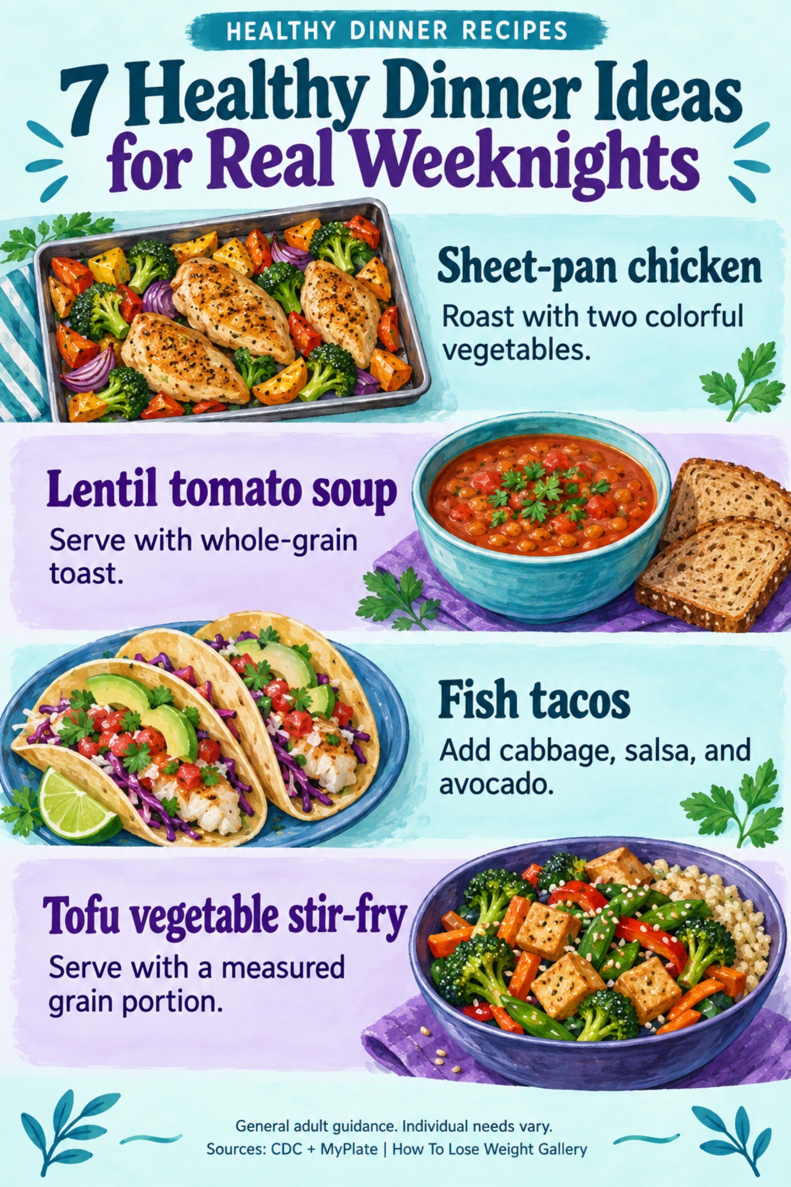 Colorful infographic titled 7 Healthy Dinner Ideas for Real Weeknights with four illustrated tips for Healthy Dinner Recipes.