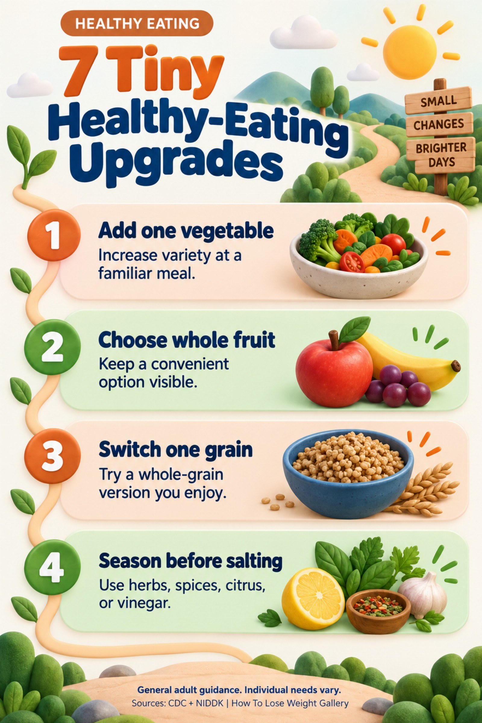 Colorful infographic titled 7 Tiny Healthy-Eating Upgrades with four illustrated tips for Healthy Eating.