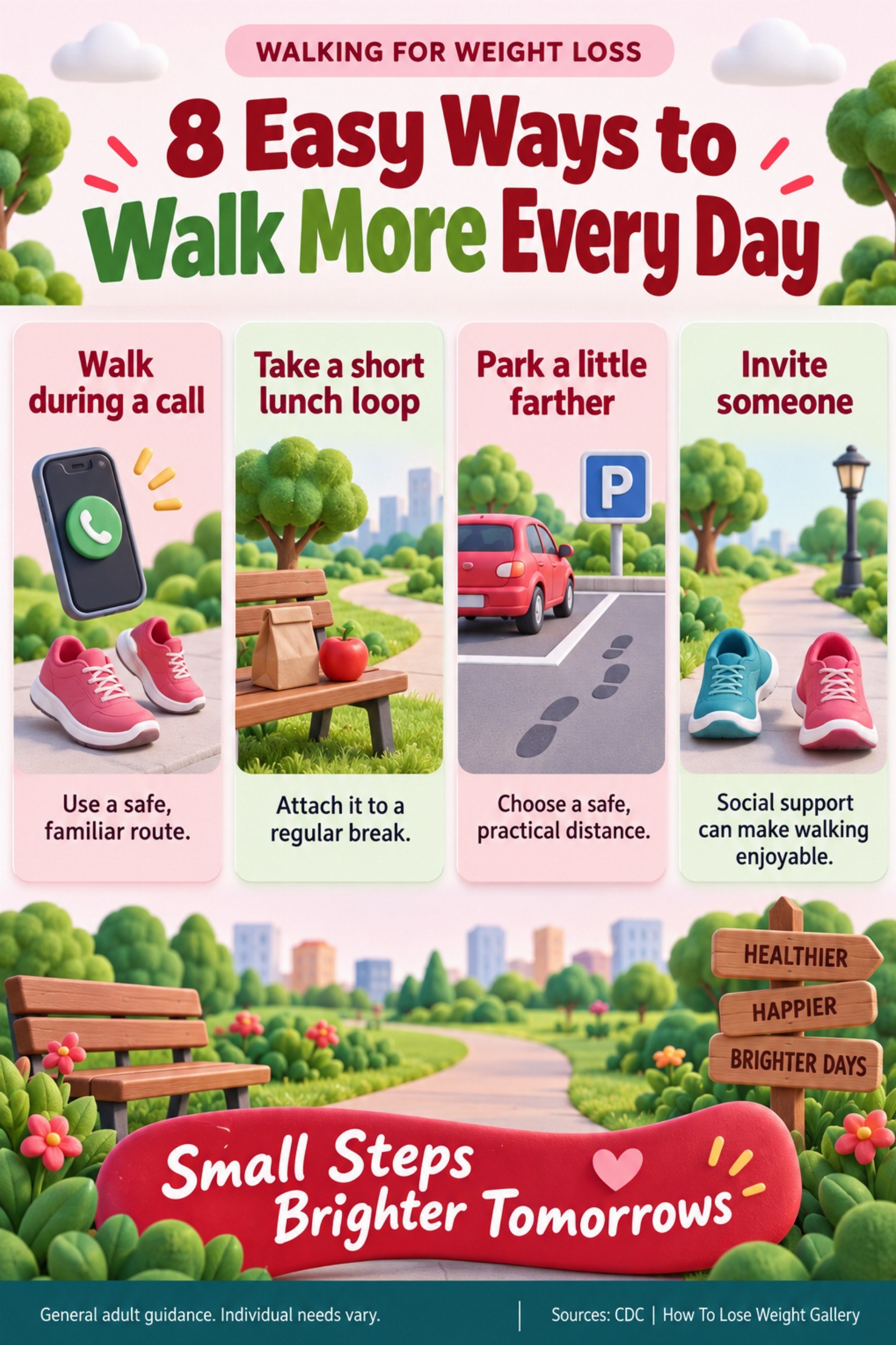 Colorful infographic titled 8 Easy Ways to Walk More Every Day with four illustrated tips for Walking for Weight Loss.
