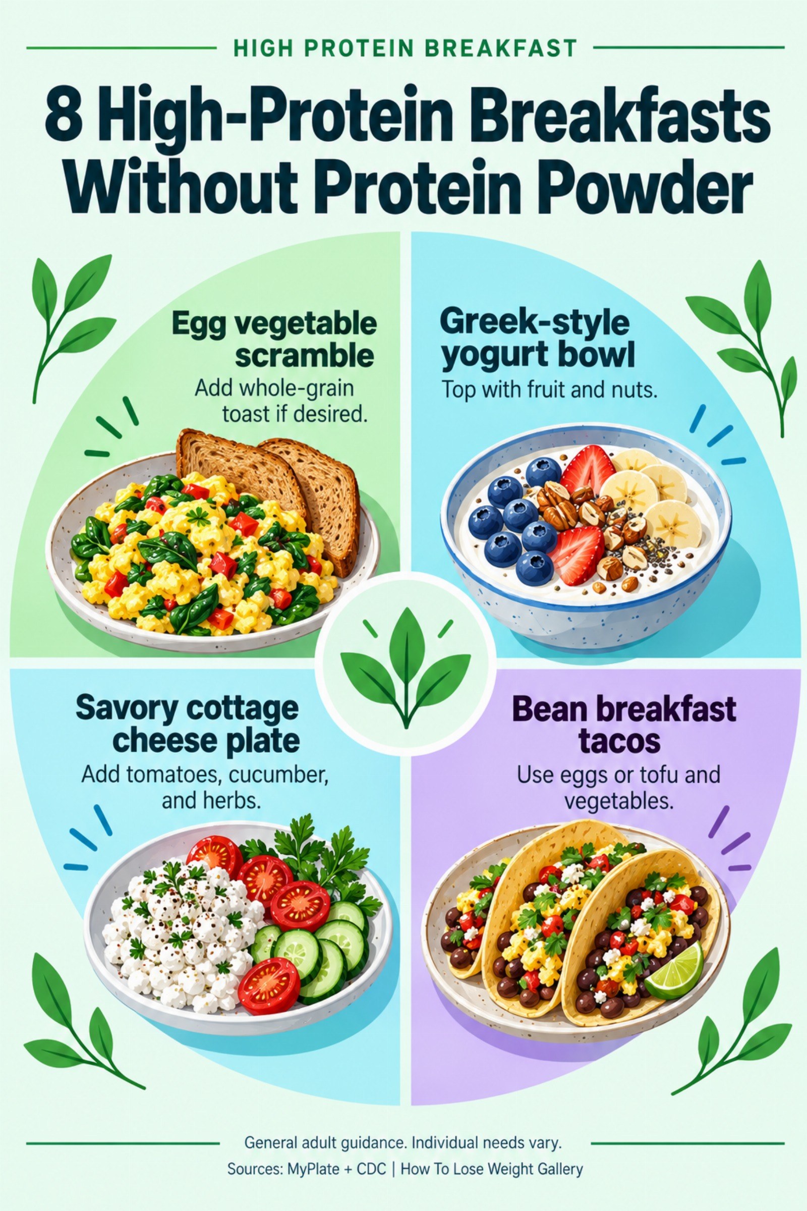 Colorful infographic titled 8 High-Protein Breakfasts Without Protein Powder with four illustrated tips for High Protein Breakfast.