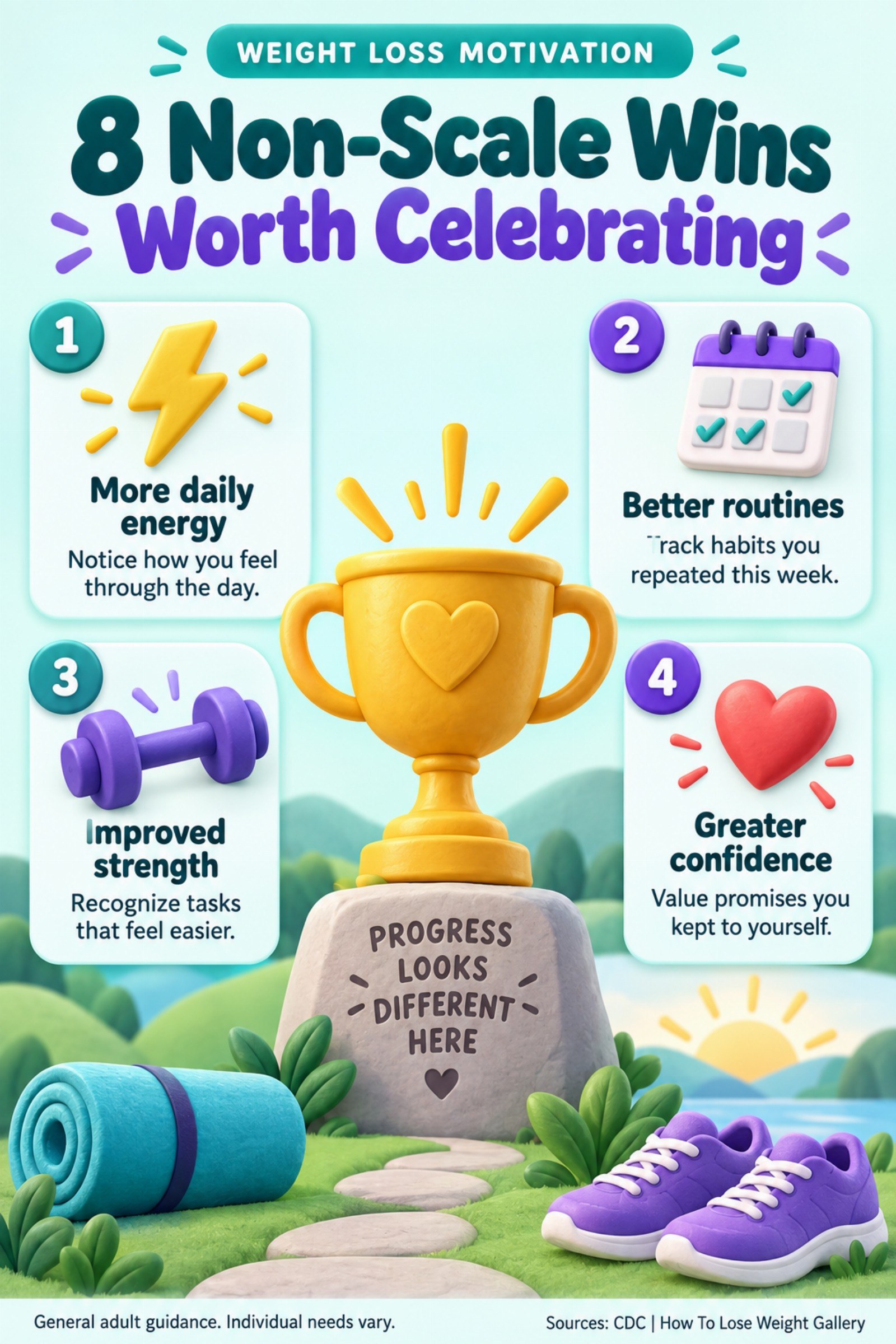 Colorful infographic titled 8 Non-Scale Wins Worth Celebrating with four illustrated tips for Weight Loss Motivation.