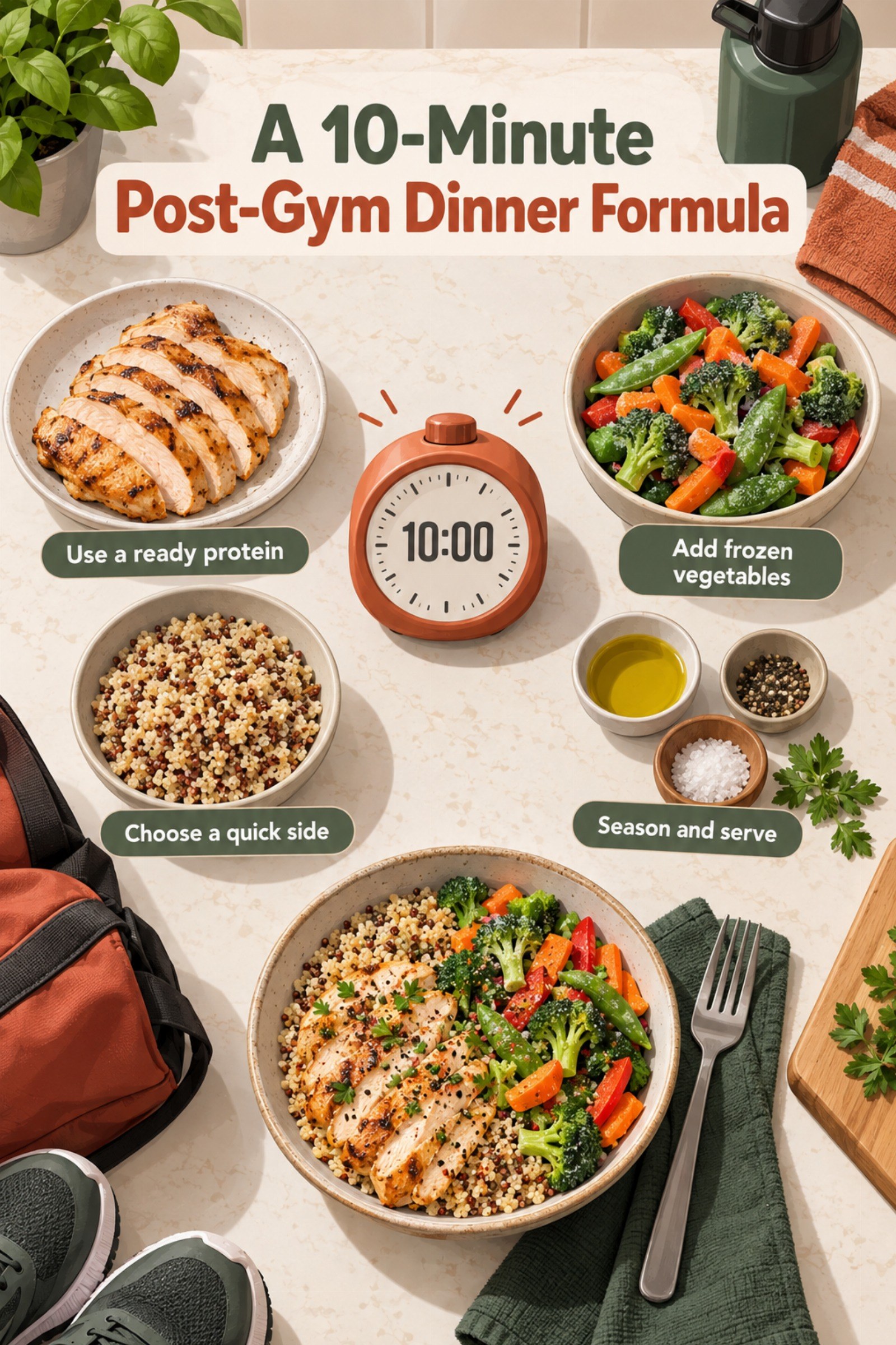 Ten-minute kitchen timer with four ready-to-combine ingredients. The image supports A 10-Minute Post-Gym Dinner Formula.