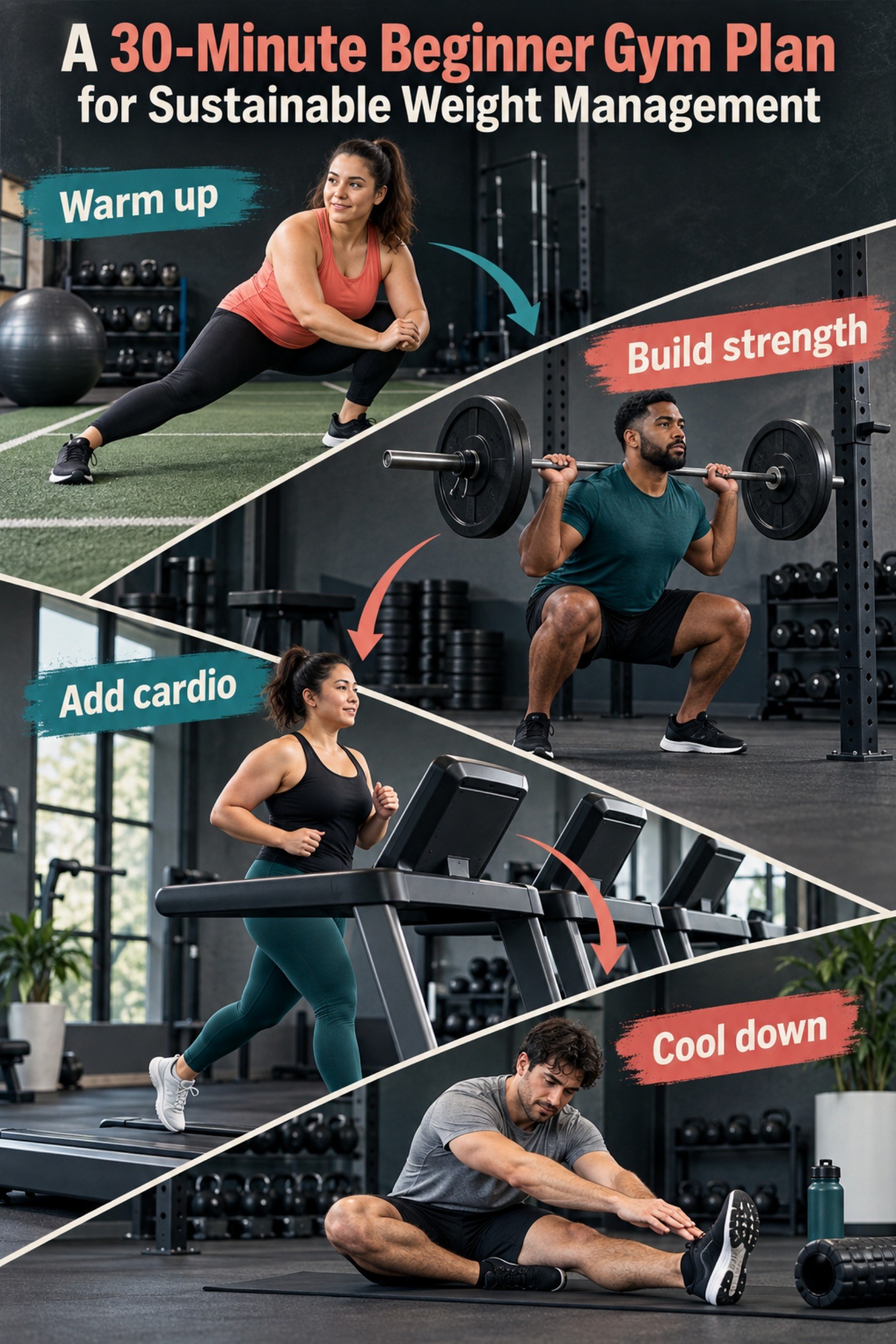 Four-panel gym floor journey from warm-up to strength, cardio, and cool-down. The image supports A 30-Minute Beginner Gym Plan for Sustainable Weight Management.