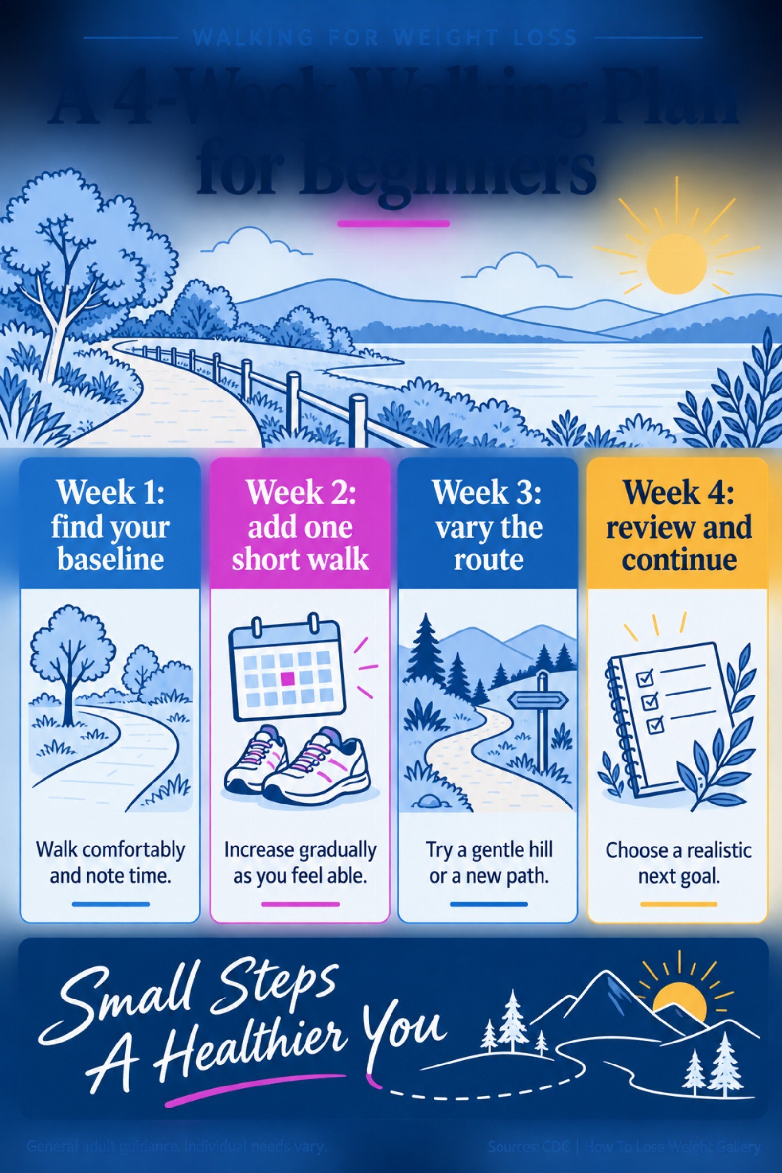 Colorful infographic titled A 4-Week Walking Plan for Beginners with four illustrated tips for Walking for Weight Loss.