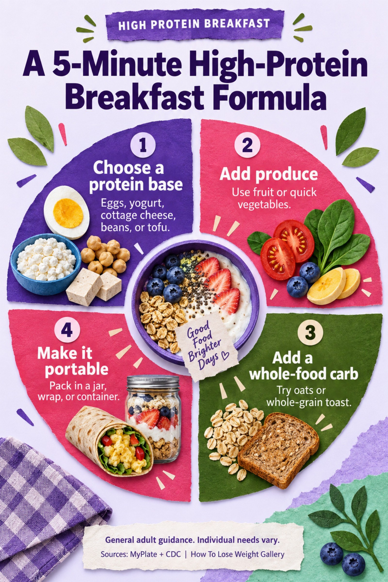 Colorful infographic titled A 5-Minute High-Protein Breakfast Formula with four illustrated tips for High Protein Breakfast.