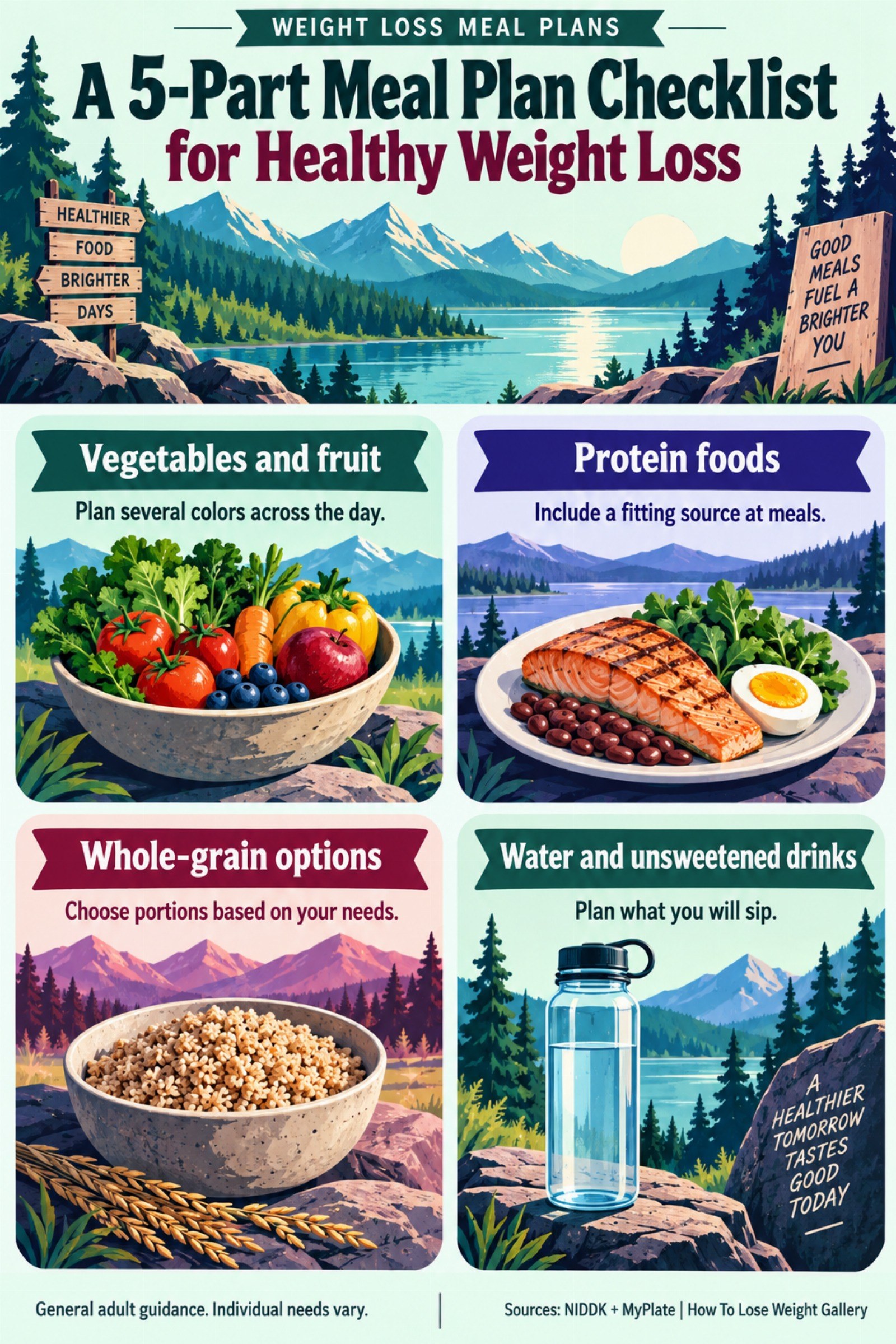 Colorful infographic titled A 5-Part Meal Plan Checklist for Healthy Weight Loss with four illustrated tips for Weight Loss Meal Plans.