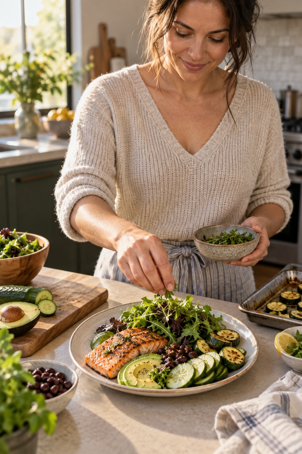 Adult assembling a dinner plate with grilled salmon, zucchini, leafy greens, cucumber, avocado, and beans in a home kitchen.