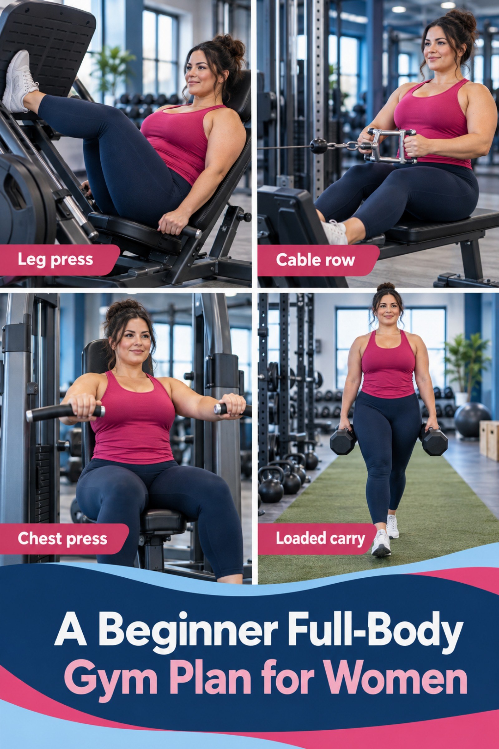 Confident adult woman moving through leg press, cable row, chest press, and carry. The image supports A Beginner Full-Body Gym Plan for Women.