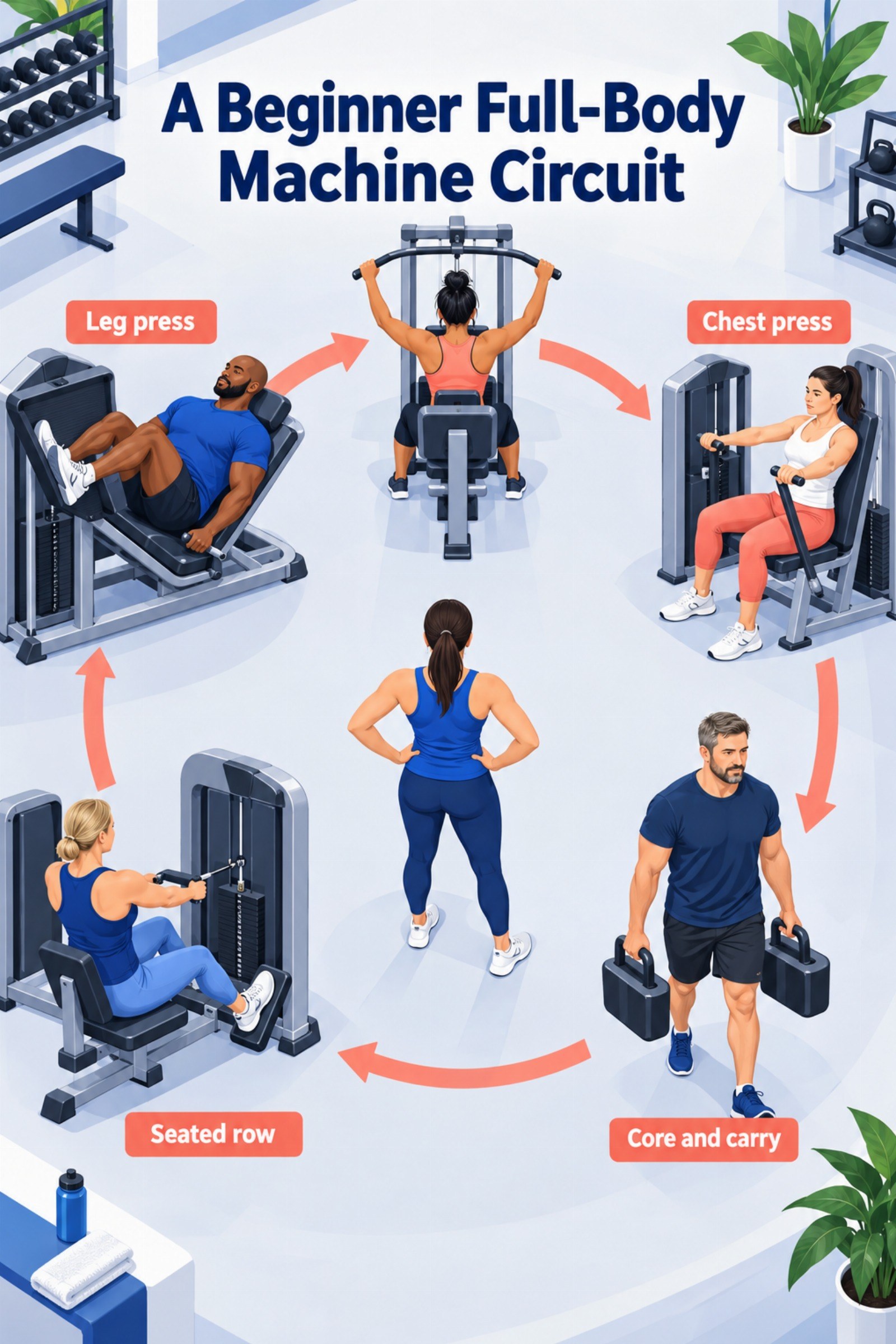 Circular machine circuit with diverse adults at five stations. The image supports A Beginner Full-Body Machine Circuit.