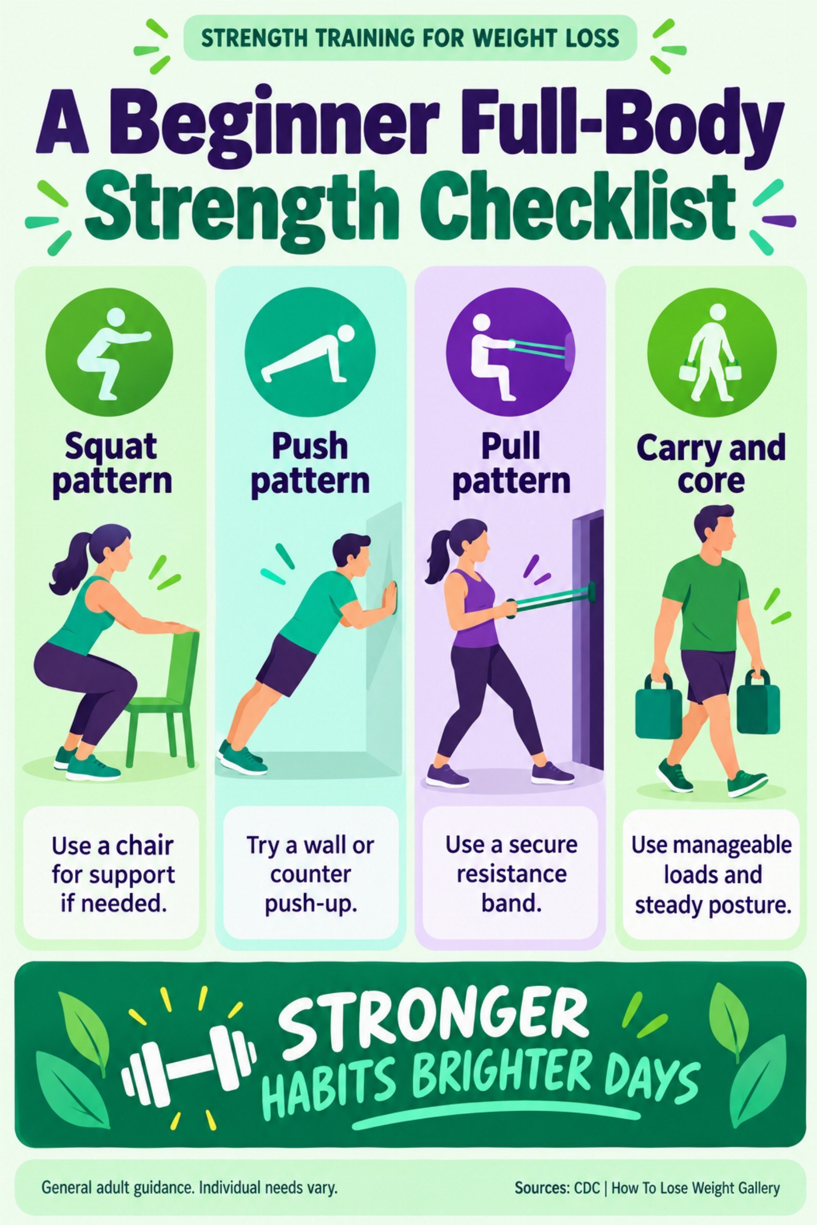 Colorful infographic titled A Beginner Full-Body Strength Checklist with four illustrated tips for Strength Training for Weight Loss.