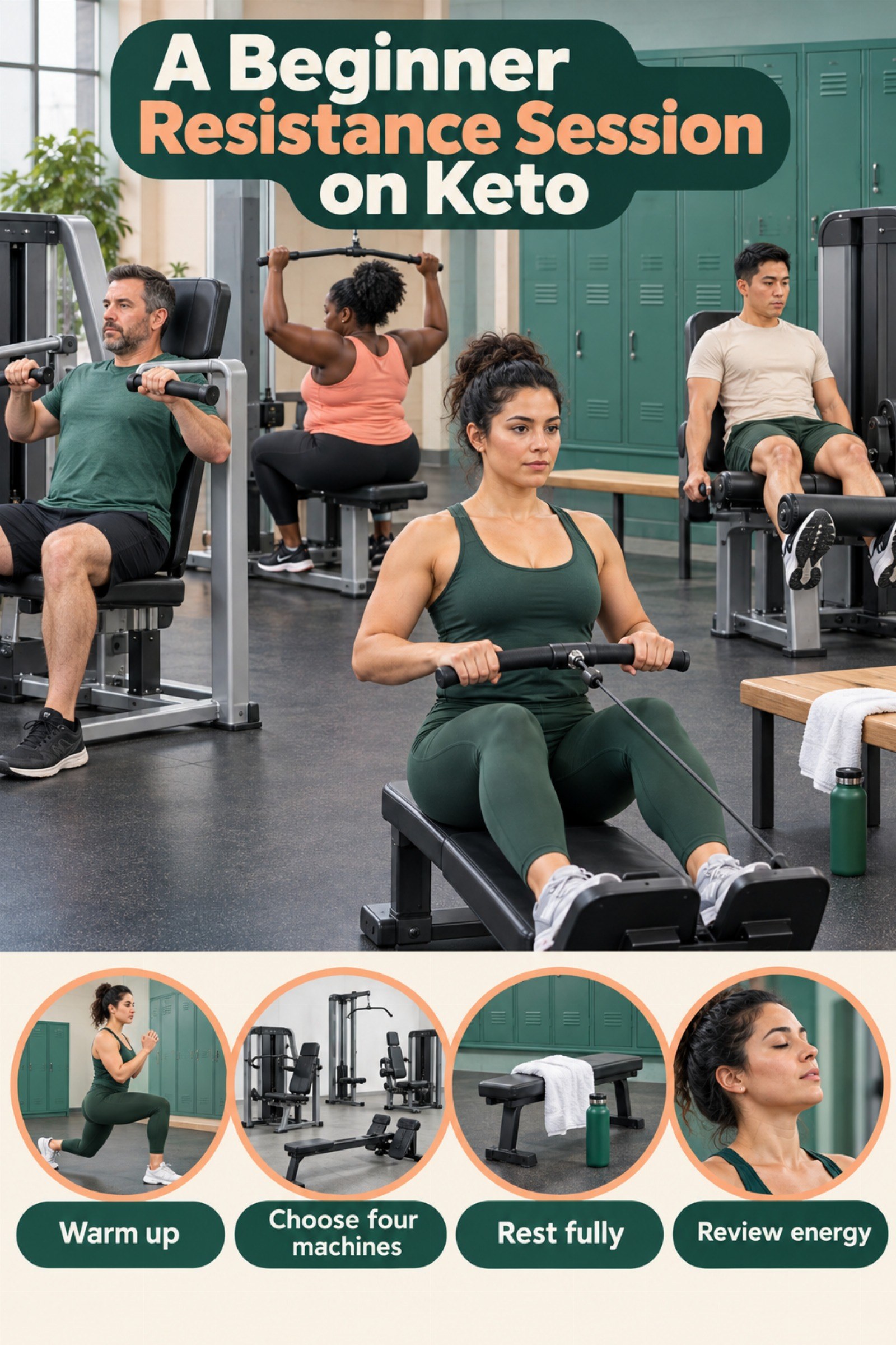 Four-station gym circuit with an effort meter and rest bench. The image supports A Beginner Resistance Session on Keto.